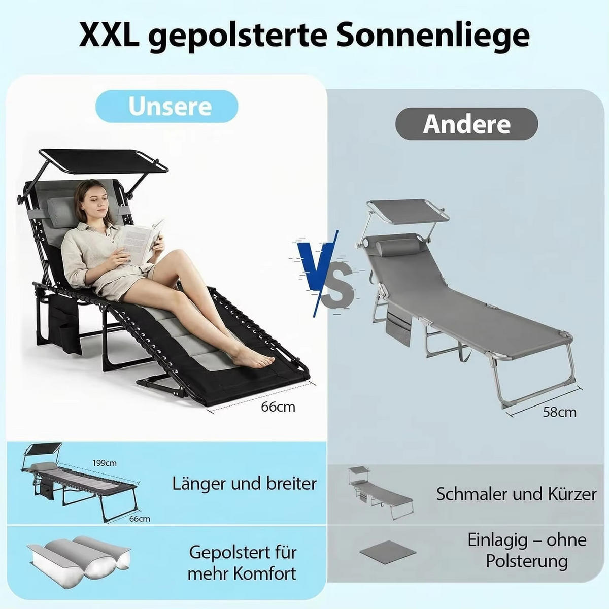 LIEGESTUHL klappbar 360° Sonnendach 5-fach Rückenlehne Seitentasche - Schwarz, Metall (66/35/199cm) - Kaket