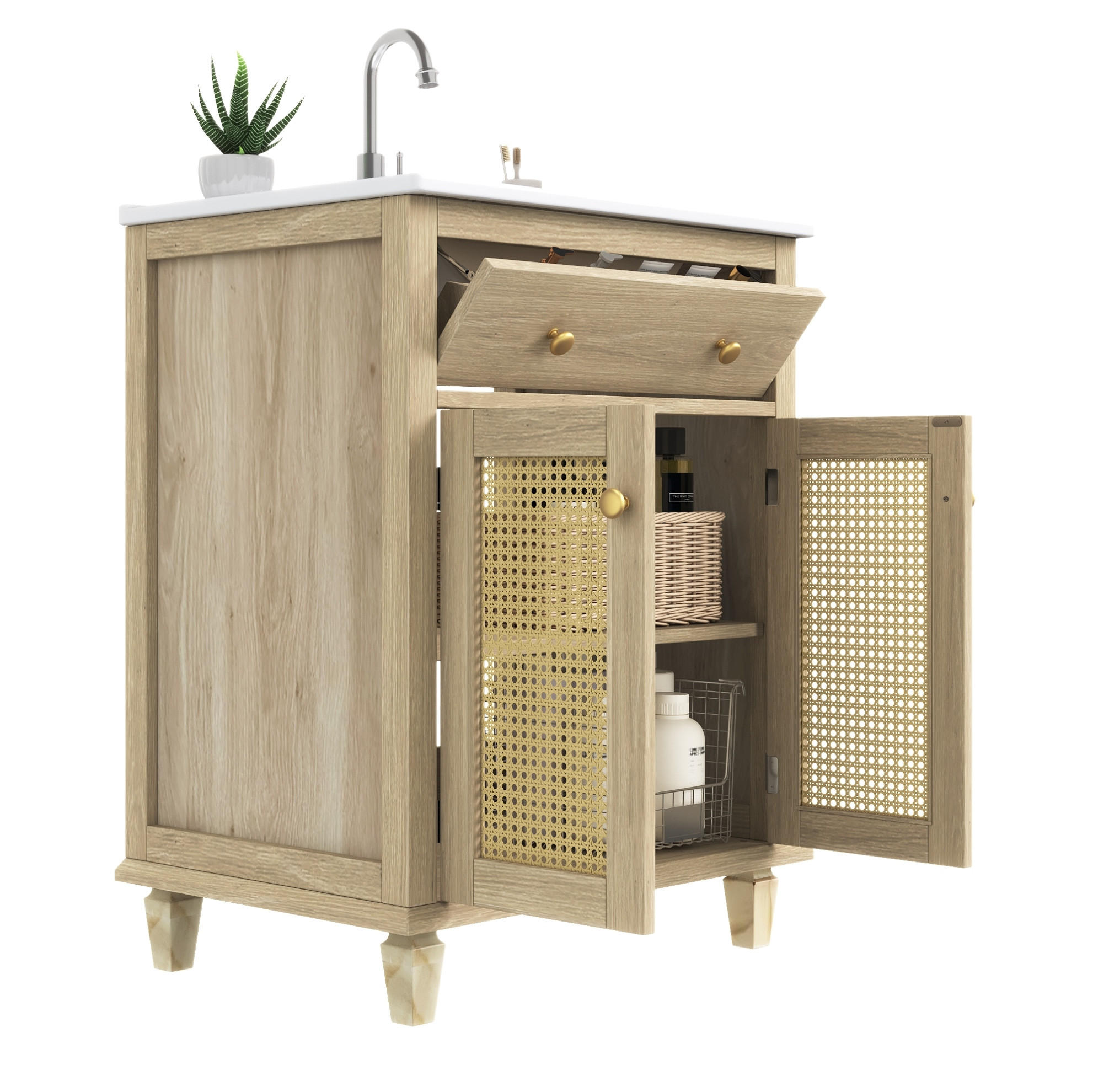 WASCHTISCHKOMMODE aus Keramik und MDF 61x47x87 cm Naturholzoptik mit Klappschublade und Rattan-Türen - Eichefarben, Keramik (61/87/47cm) - Modfu