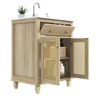 WASCHTISCHKOMMODE aus Keramik und MDF 61x47x87 cm Naturholzoptik mit Klappschublade und Rattan-Türen - Eichefarben, Keramik (61/87/47cm) - Modfu
