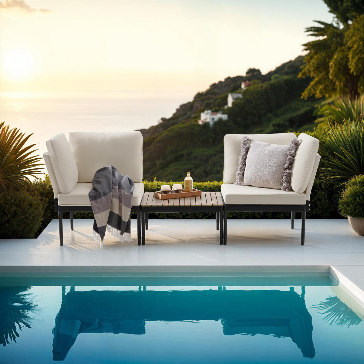 GARTENLOUNGE-SET Magaluf,Armlehnen mit Seitentaschen, stapelbar,anthrazit/grau - Anthrazit/Grau, Kunststoff/Metall - tectake
