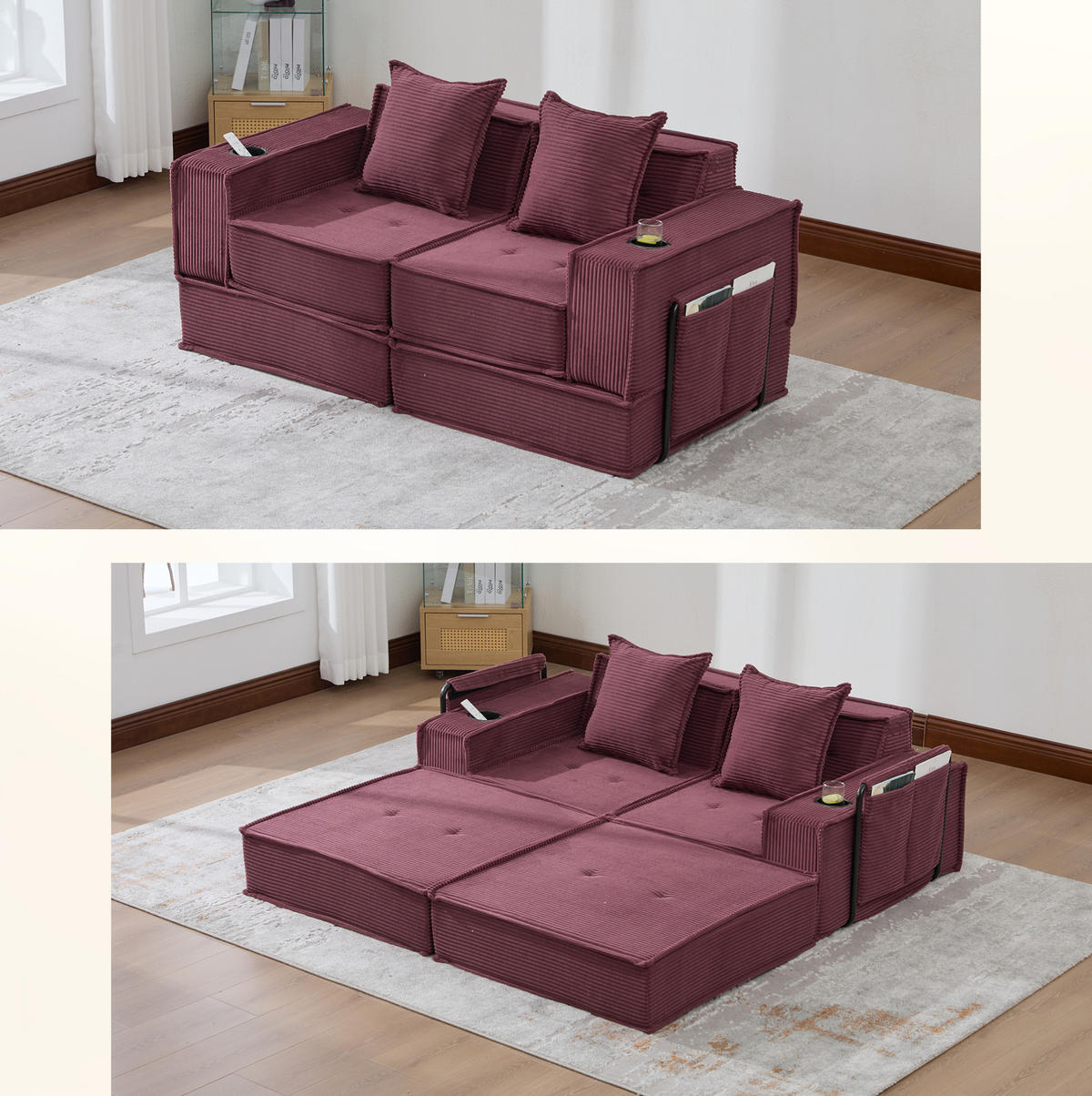 2-SITZER-SOFA aus Cord 78x162x66 cm Weinrot mit Seitentaschen, 2 Kissen und modularer Aufstellung - Rot, Textil (162/66/78cm) - Modfu