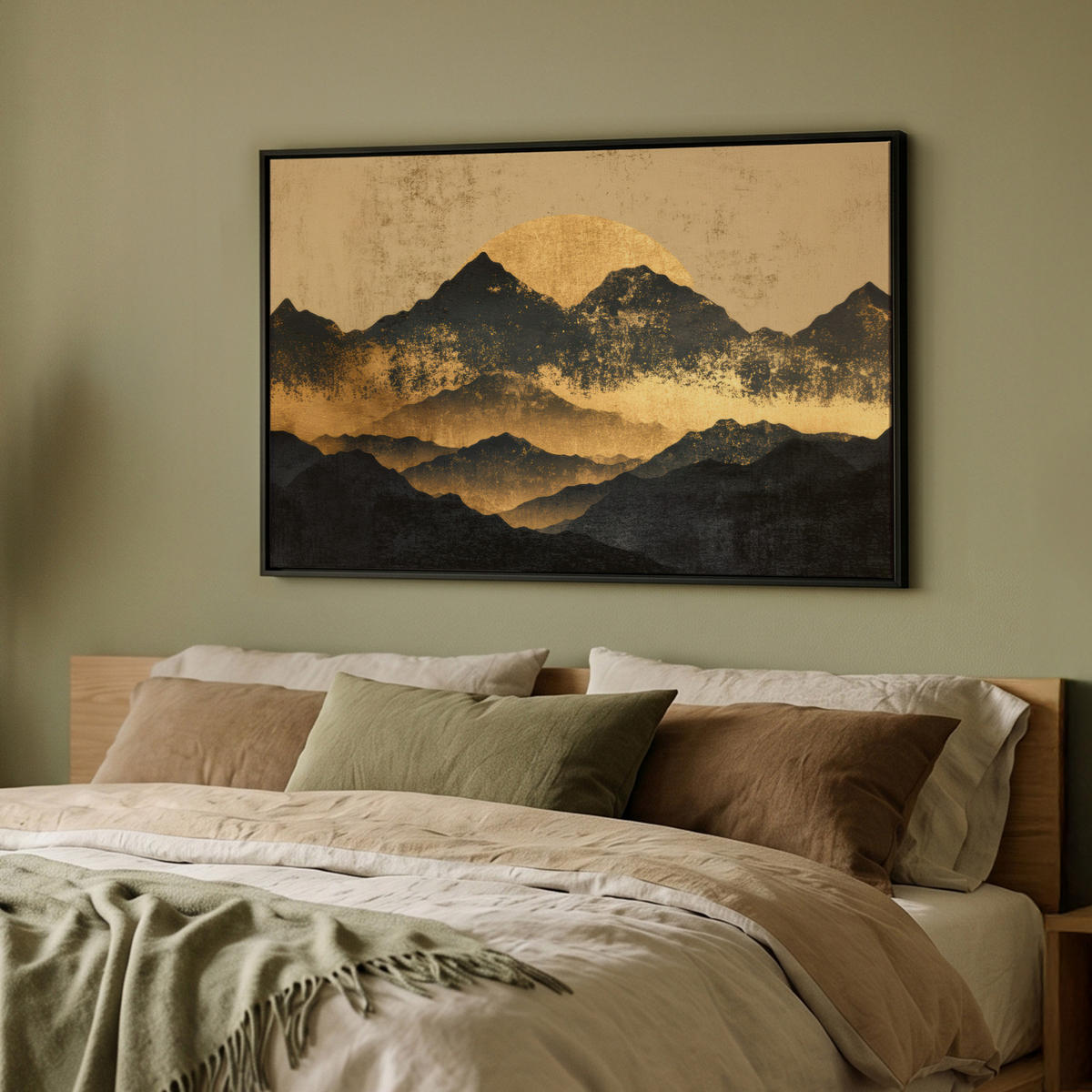 LEINWAND Bilder mit Rahmen - Goldene Berge bei Mondschein - 90x60 - Goldfarben, Textil (90/60cm) - MuchoWow