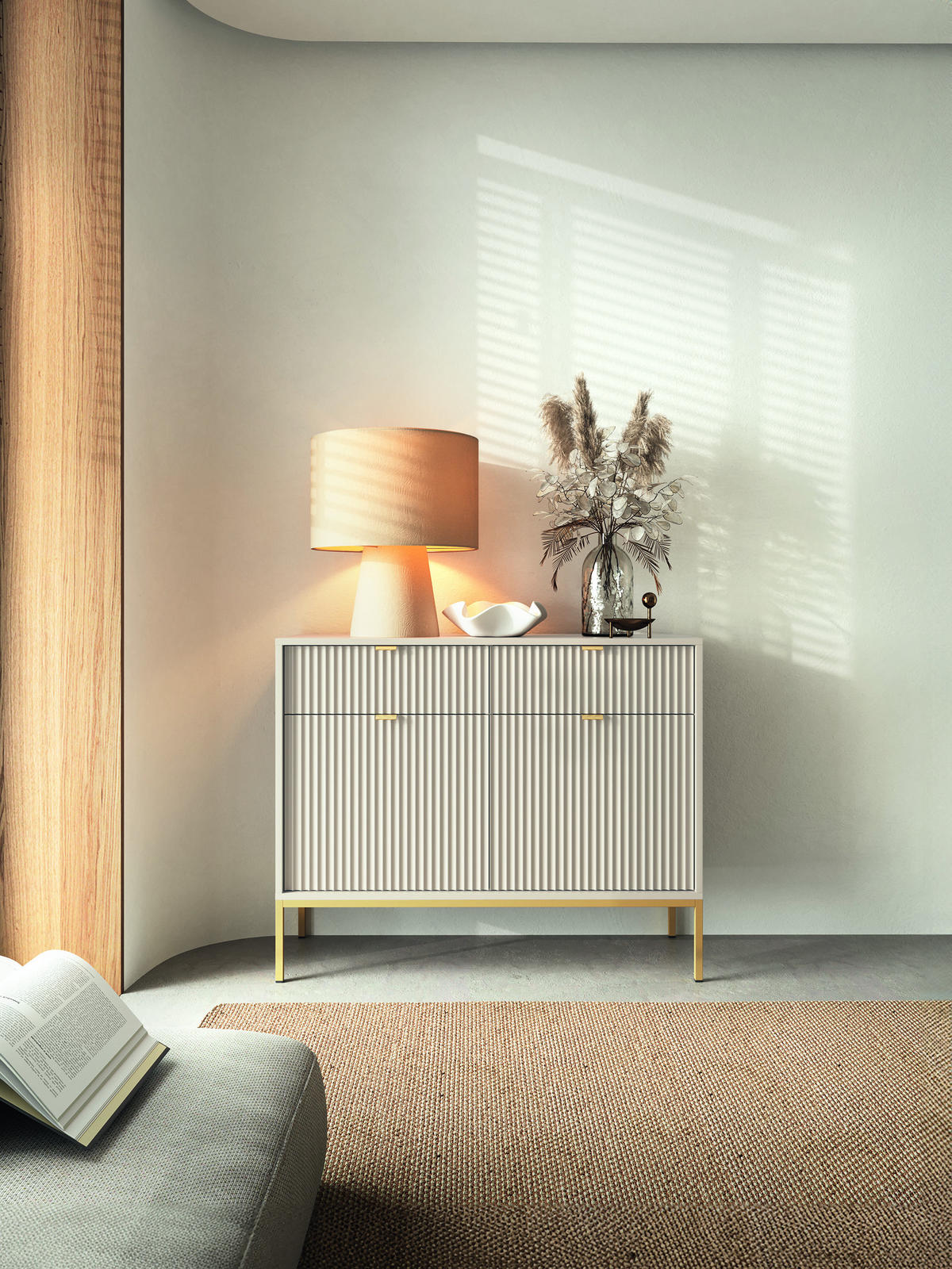 MODERNE Geriffelte Kommode KIOTO K2D2SZ (Kaschmir, Gold Gestell, Soft-Close Türen) - Kaschmir/Goldfarben, Holz/Holzwerkstoff (104/83/39cm) - Ravio