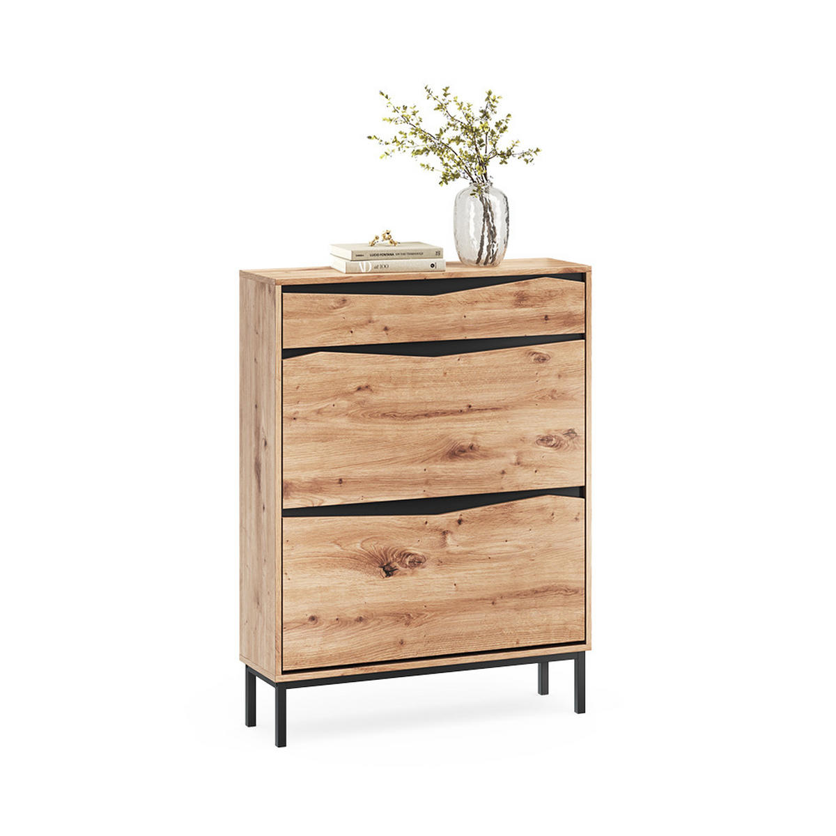 SCHUHKIPPER Elvano, Eiche/Schwarz, 80.2 x 106.2 cm mit 2 Kippfächern & 1 Schubade - Eichefarben/Schwarz, Holzwerkstoff (80.2/106.2/23.7cm) - Vicco