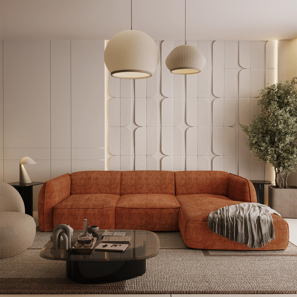 ECKSOFA RECHTS Rastervelours Terracotta 272cm - Terra cotta, Textil (272/165cm) - Sia Home