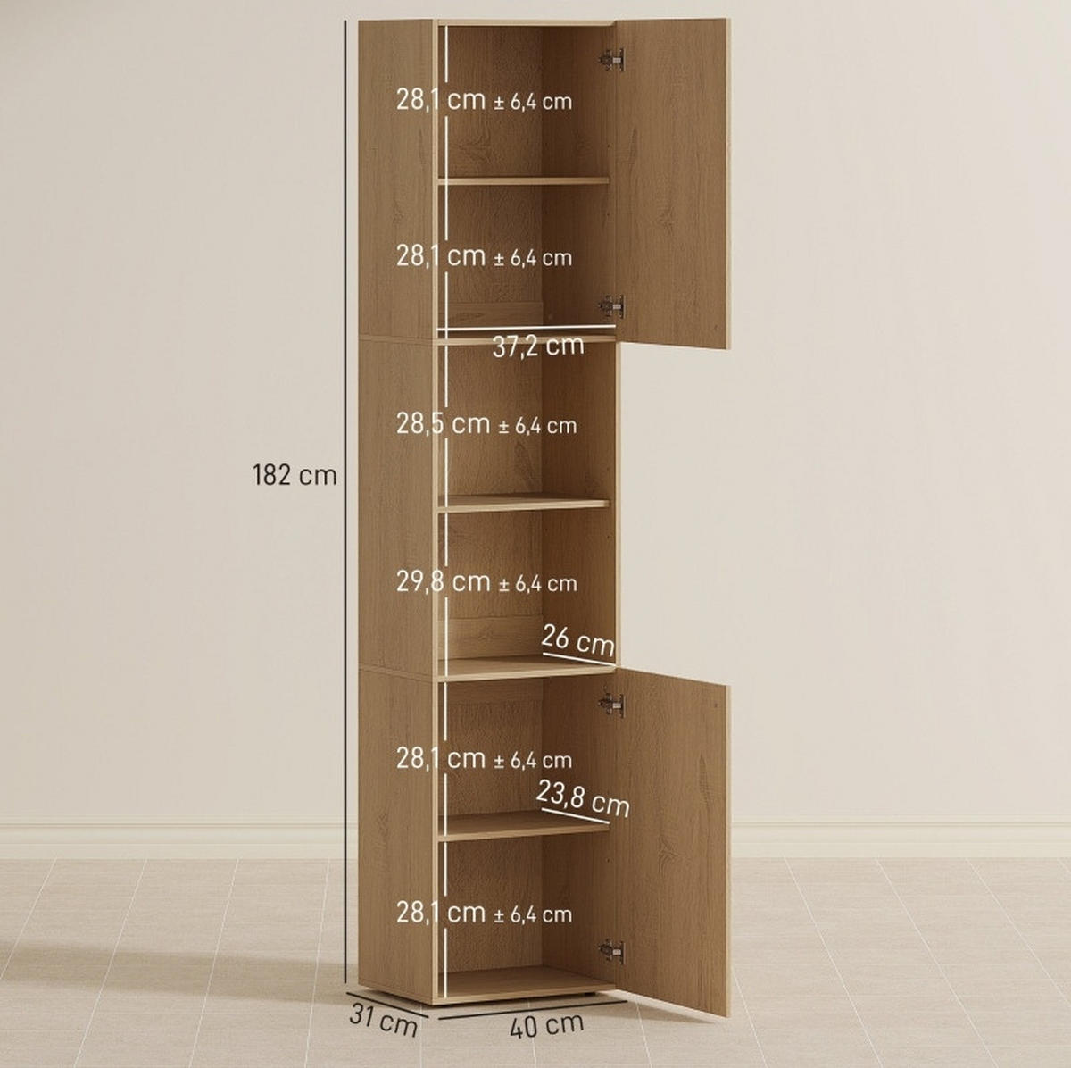 BADEZIMMER Hochschrank 40x31x182 cm Eiche mit 2 Fächern & verstellbaren Regalen - Eichefarben, Holzwerkstoff (40/182/31cm) - Modfu