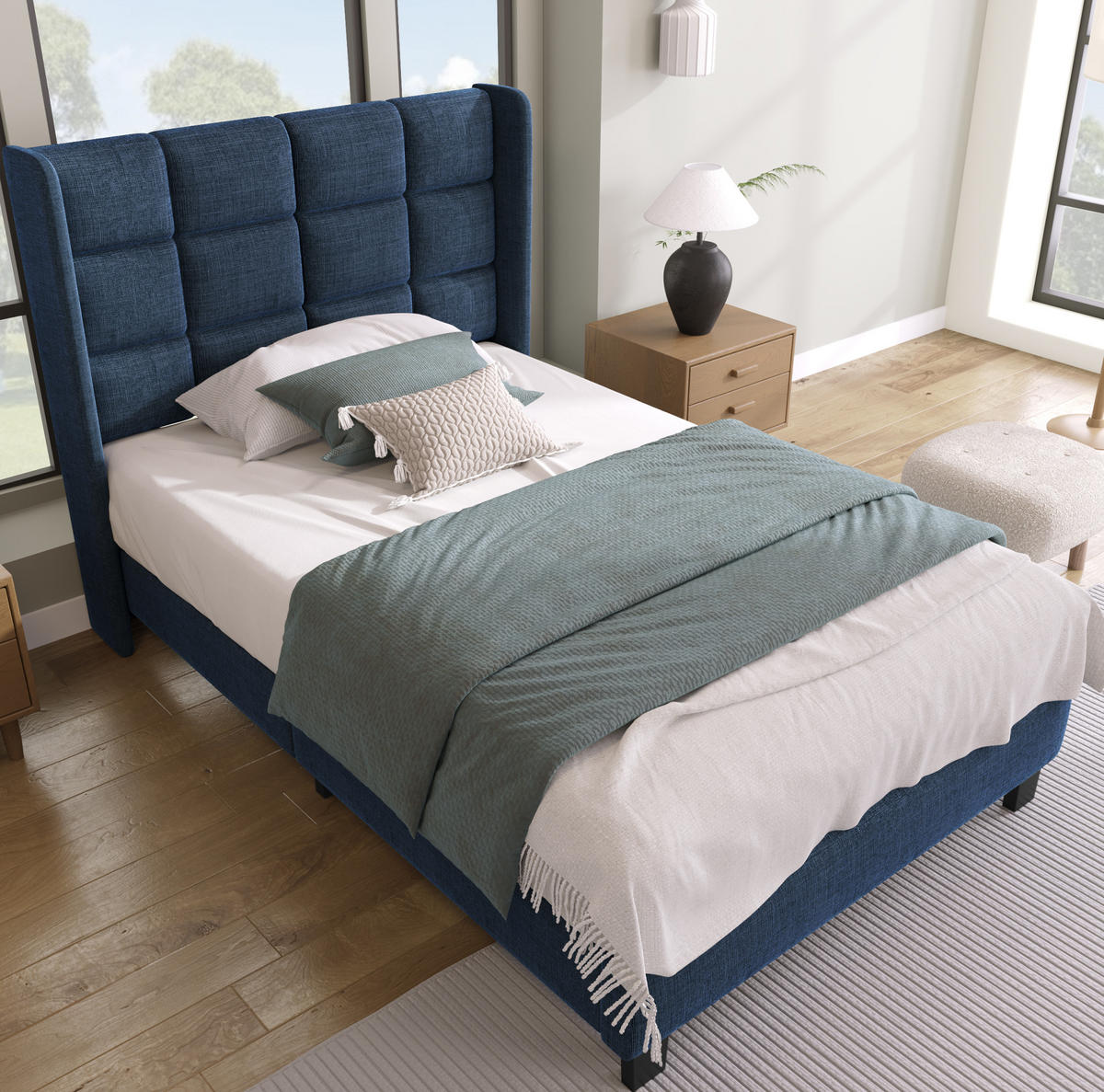 POLSTERBETT 90/200 cm Blau aus Leinen mit Lattenrost und gepolstertem Kopfteil - Blau, Textil (90/200cm) - OKWISH