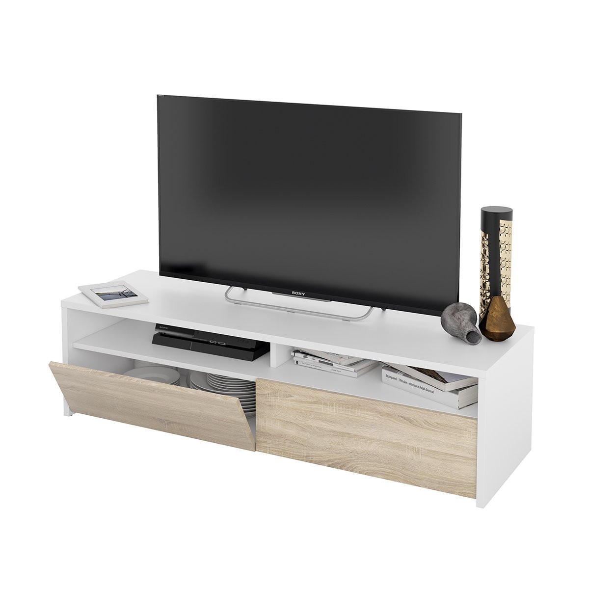 TV-MÖBEL mit 2 Flügeltüren und 2 Aufbewahrungsnischen Kioto - L130 cm - Weiß, Holzwerkstoff (42/36/130cm) - Calicosy