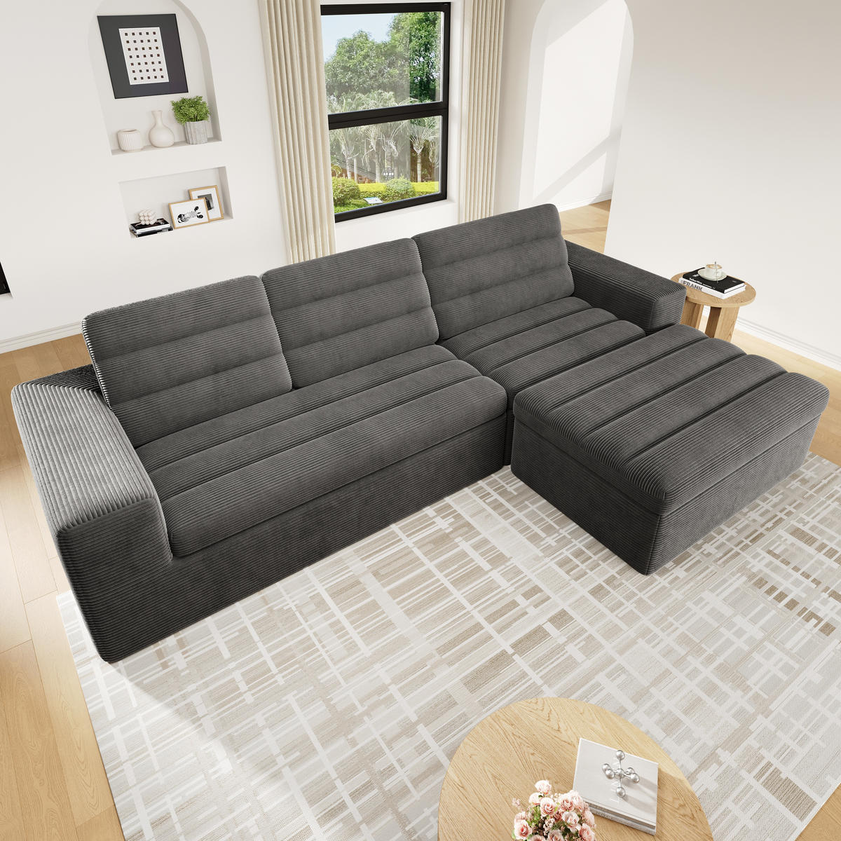 ECKSOFA mit rahmenloser Konstruktion und Cordstoff - Dunkelgrau, Textil (253/161cm) - EVRYAE