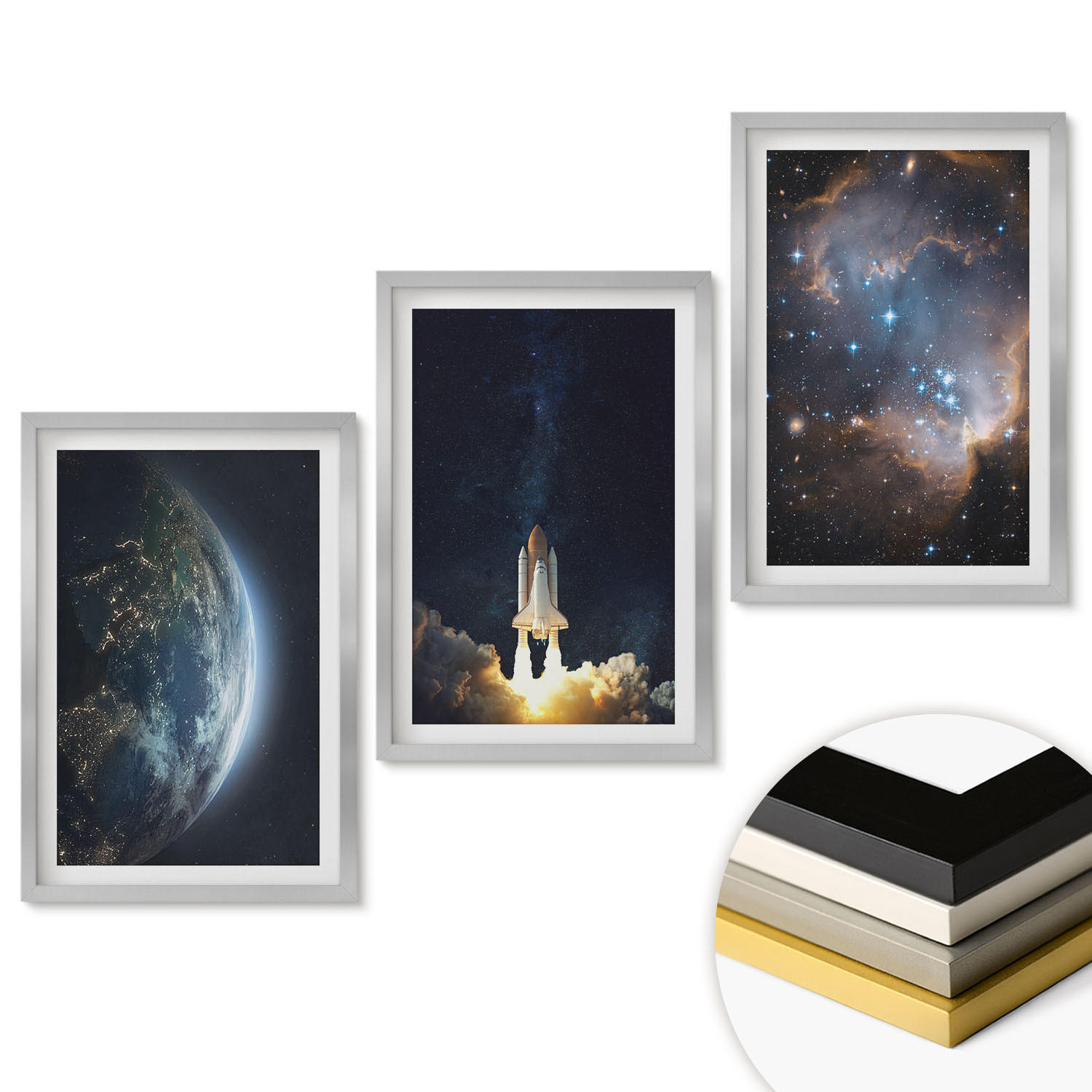 WANDBILDER 3er Set - 40x60 cm Silberner Rahmen - Weltraum Erde Rakete Galaxie - Silberfarben, Kunststoff (40/60cm) - ArtPrintCave