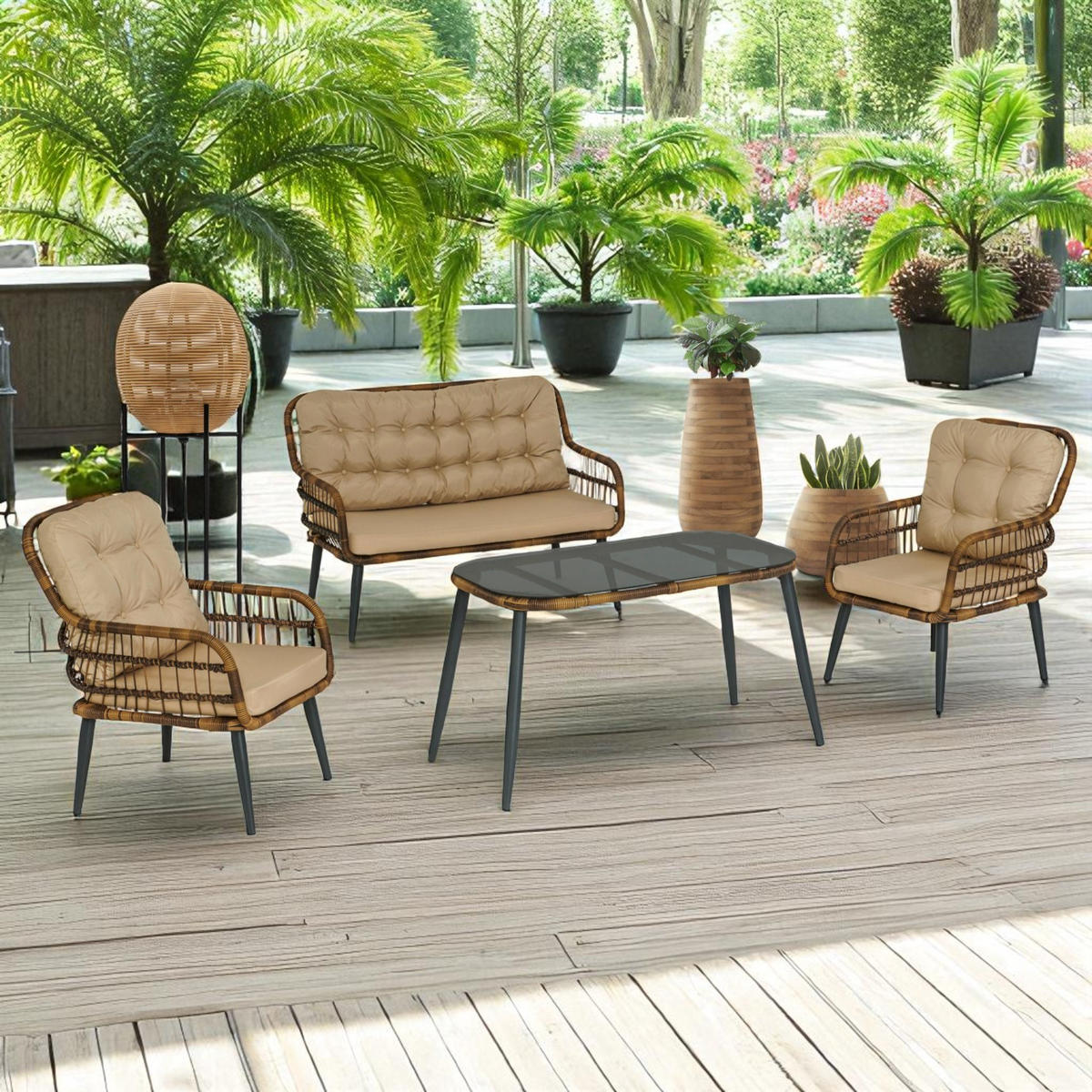 GARTENGARNITÜR Rattan Gartenlounge PISA - Braun, Metall - Gowoll