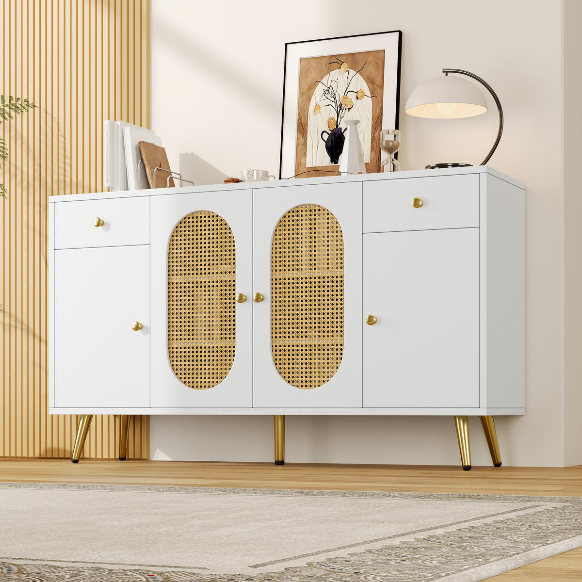 KOMMODE Sideboard 4 Türen Weiß Natur 140x35x82cm - Multicolor, Holzwerkstoff (35/82/140cm) - FLIEKS