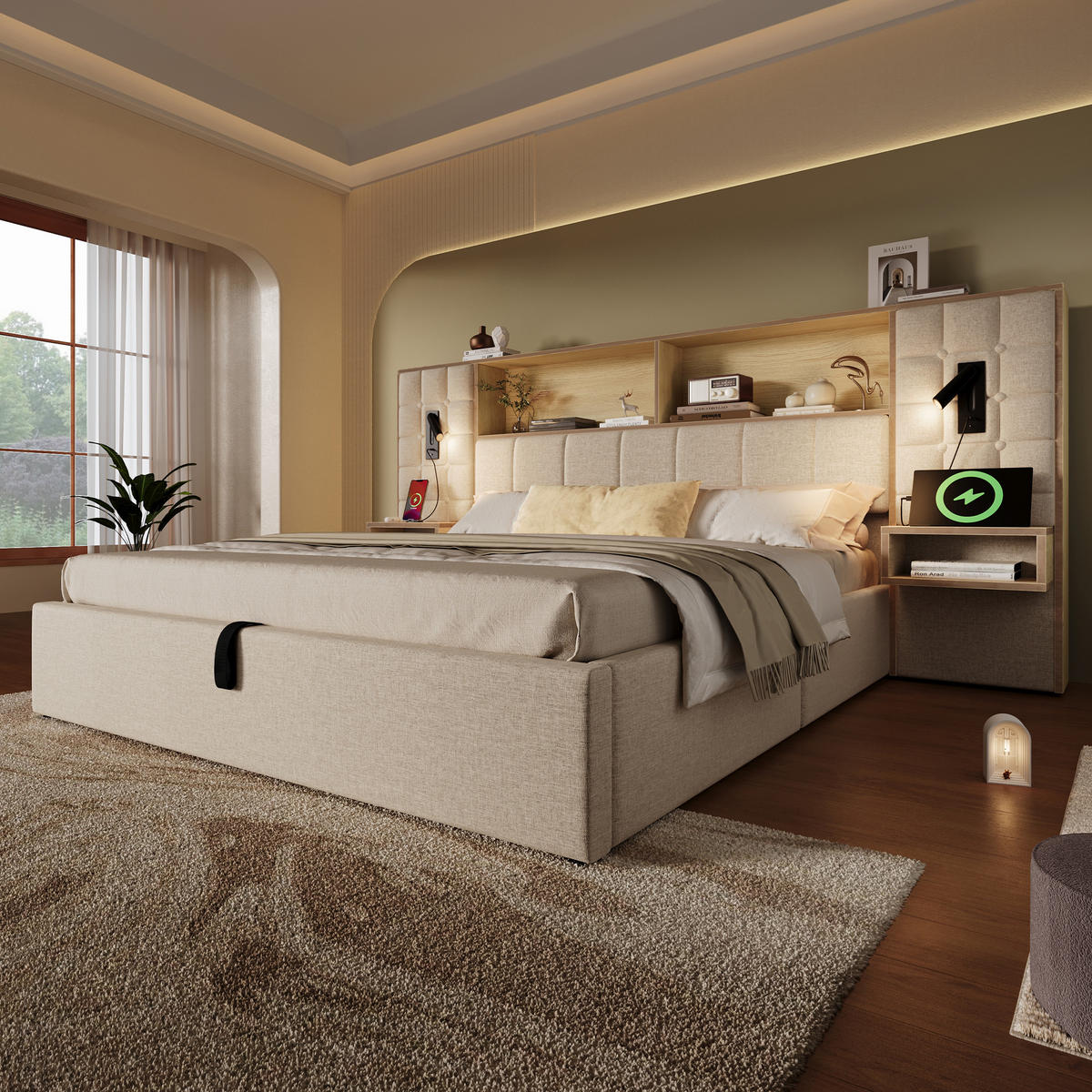 POLSTERBETT 160/200 cm aus Leinen mit Stauraum LED-Leselampen und Nachttischen Beige - Beige, Textil (160/200cm) - Modenvie