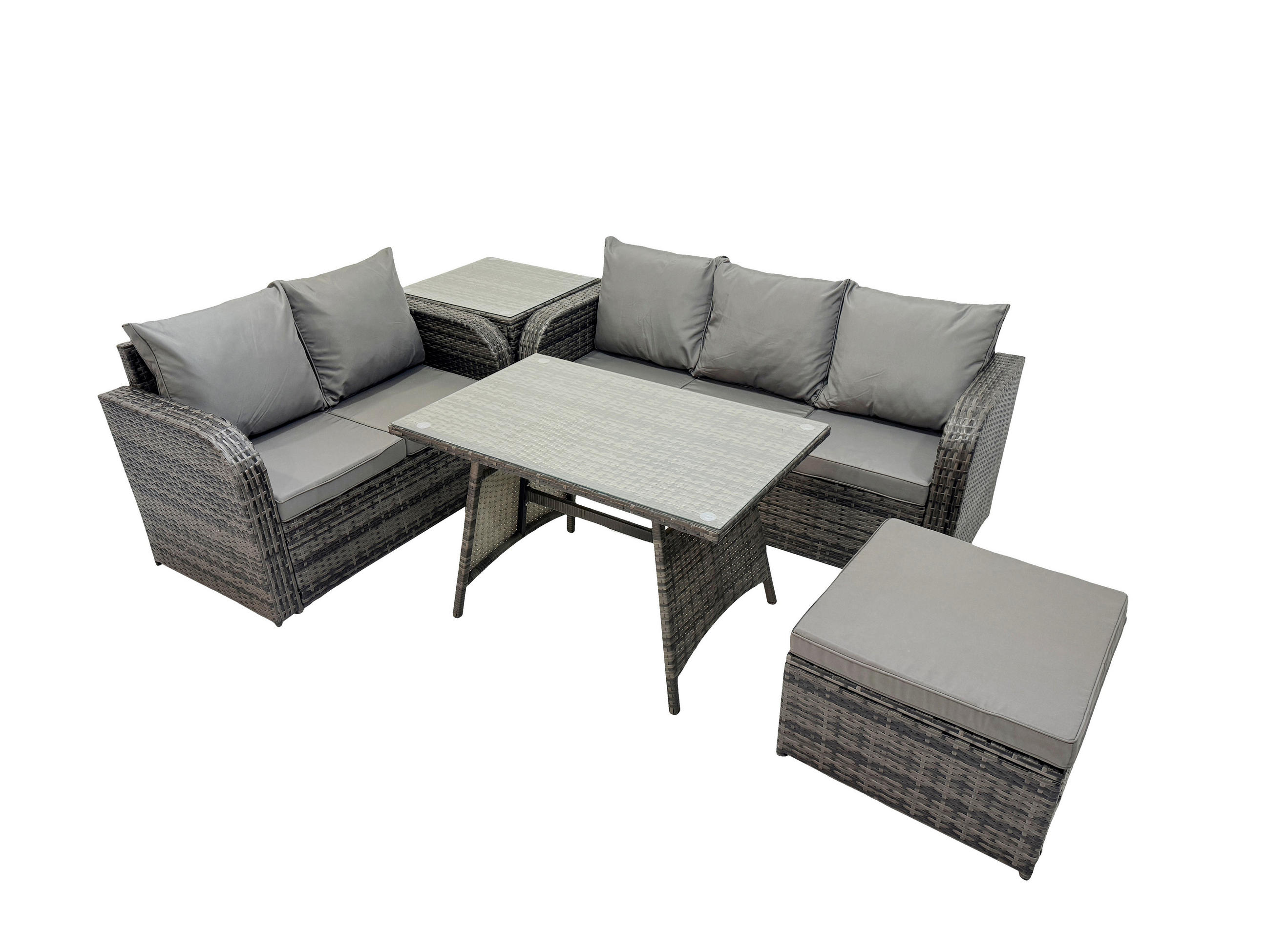 GARTENMÖBEL SET Polyrattan Dunkelgrau 6-Sitzer - Dunkelgrau/Grau, Glas/Kunststoff - Fimous