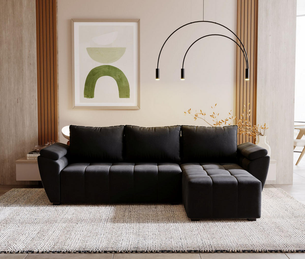 ECKSOFA ZEUS L Monolith 97 Rechts mit Schlaffunktion - Schwarz, Textil (251/140cm) - Bedante