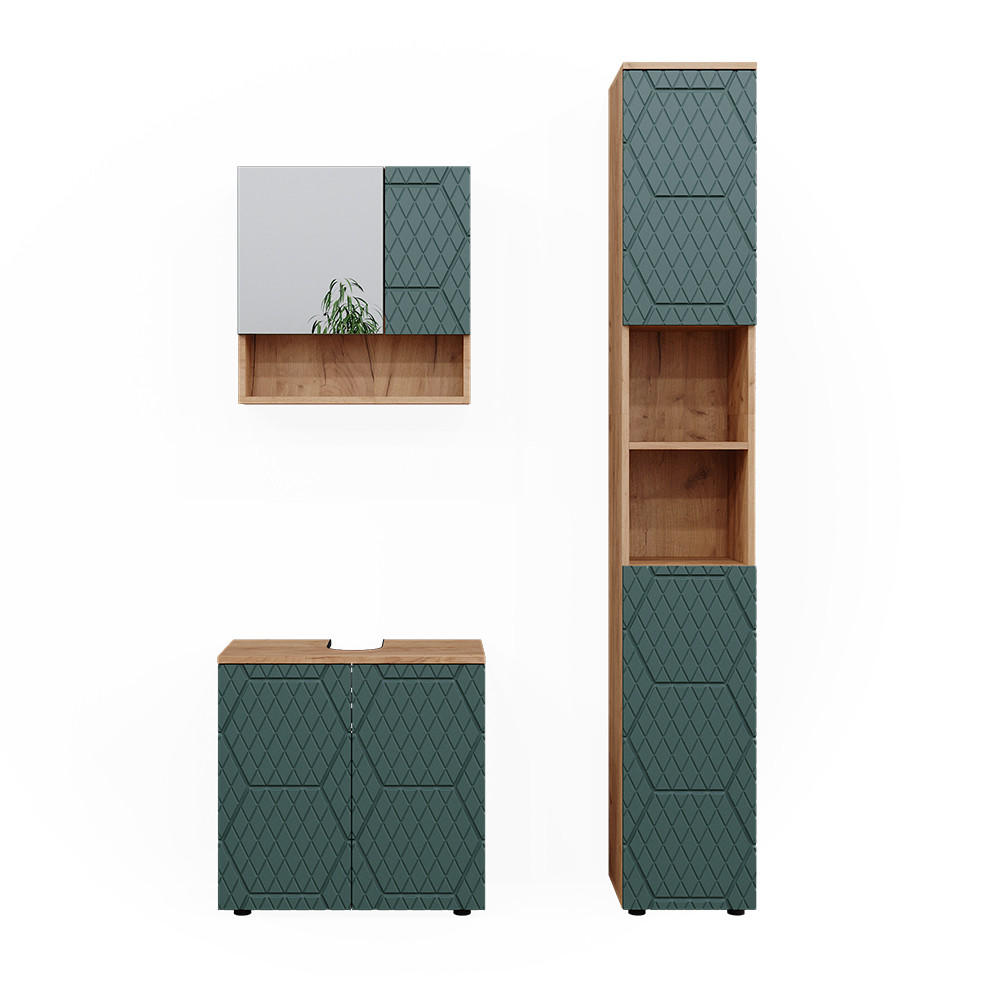 BADMÖBEL-SET Irma Grün 3 Teile, mit Hochschrank - Eiche Wotan/Grün, Holzwerkstoff (80/58.6/41cm) - Vicco