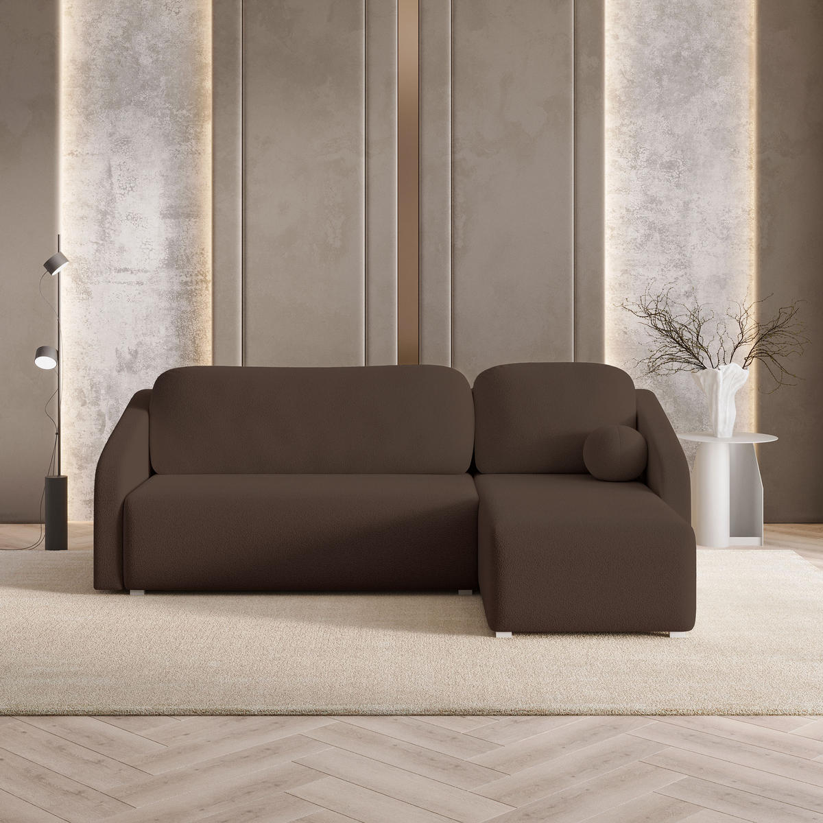 ECKSOFA MARELLO Braun Boucle-Stoff mit Schlaffunktion - Braun, Holz (220/143cm) - MASSENO