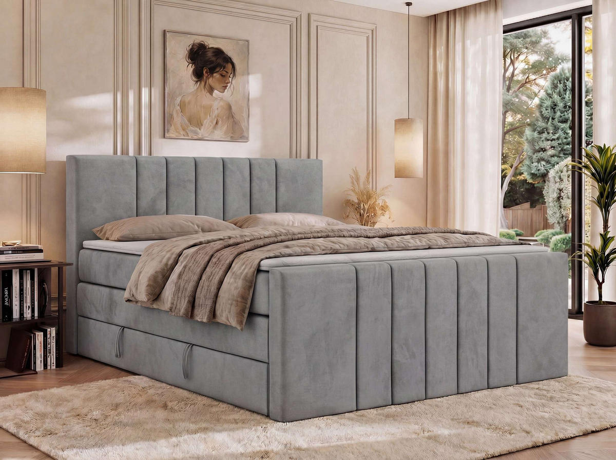 BOXSPRINGBETT INERO DUO KING 180/200 - Hellgrau Velvet - Topper Visco - H4 - Hellgrau/Schwarz, Kunststoff/Textil (180/200cm) - MKS