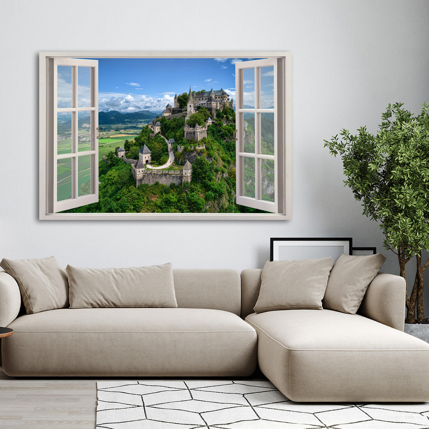 WANDBILD fensterblick schlosslandschaft natur - Grün, Textil (60/40cm) - Feeby