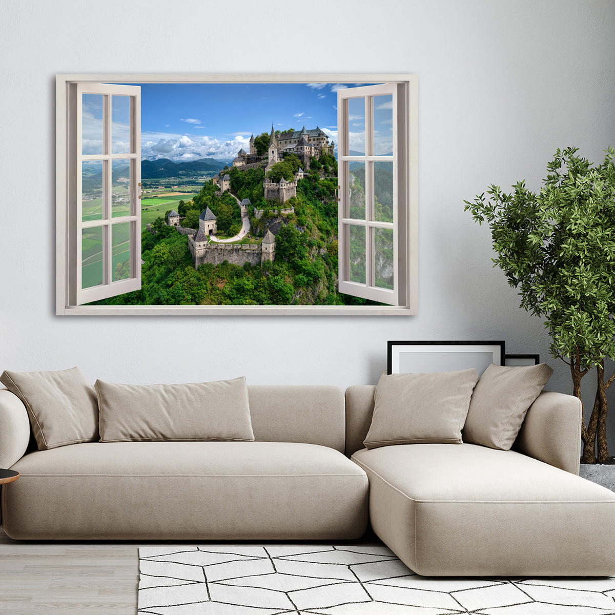 WANDBILD fensterblick schlosslandschaft natur - Grün, Textil (60/40cm) - Feeby