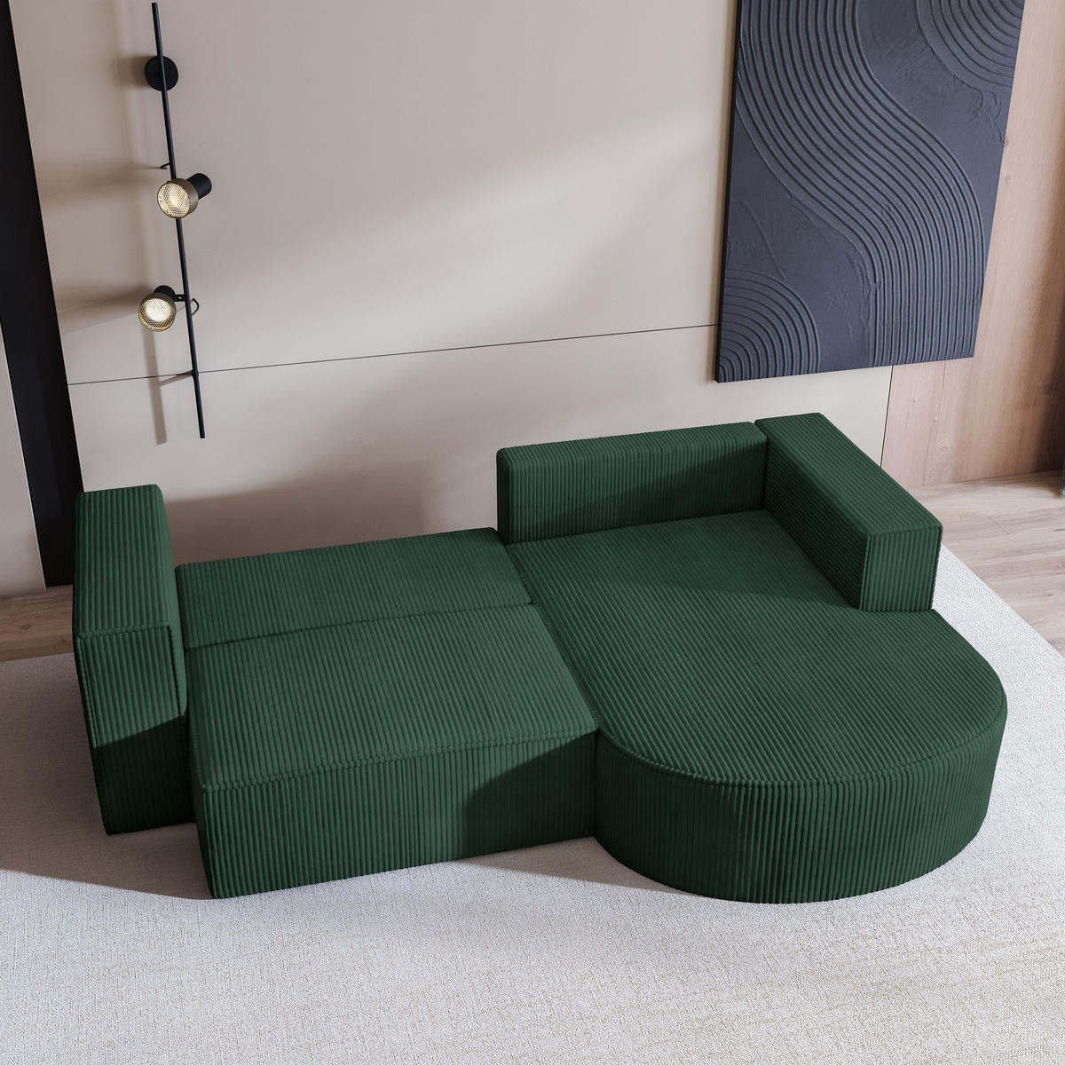 ECKSOFA SORELA P R-S Grün Kordstoff mit Schlaffunktion - Grün, Holz (263/174cm) - MASSENO