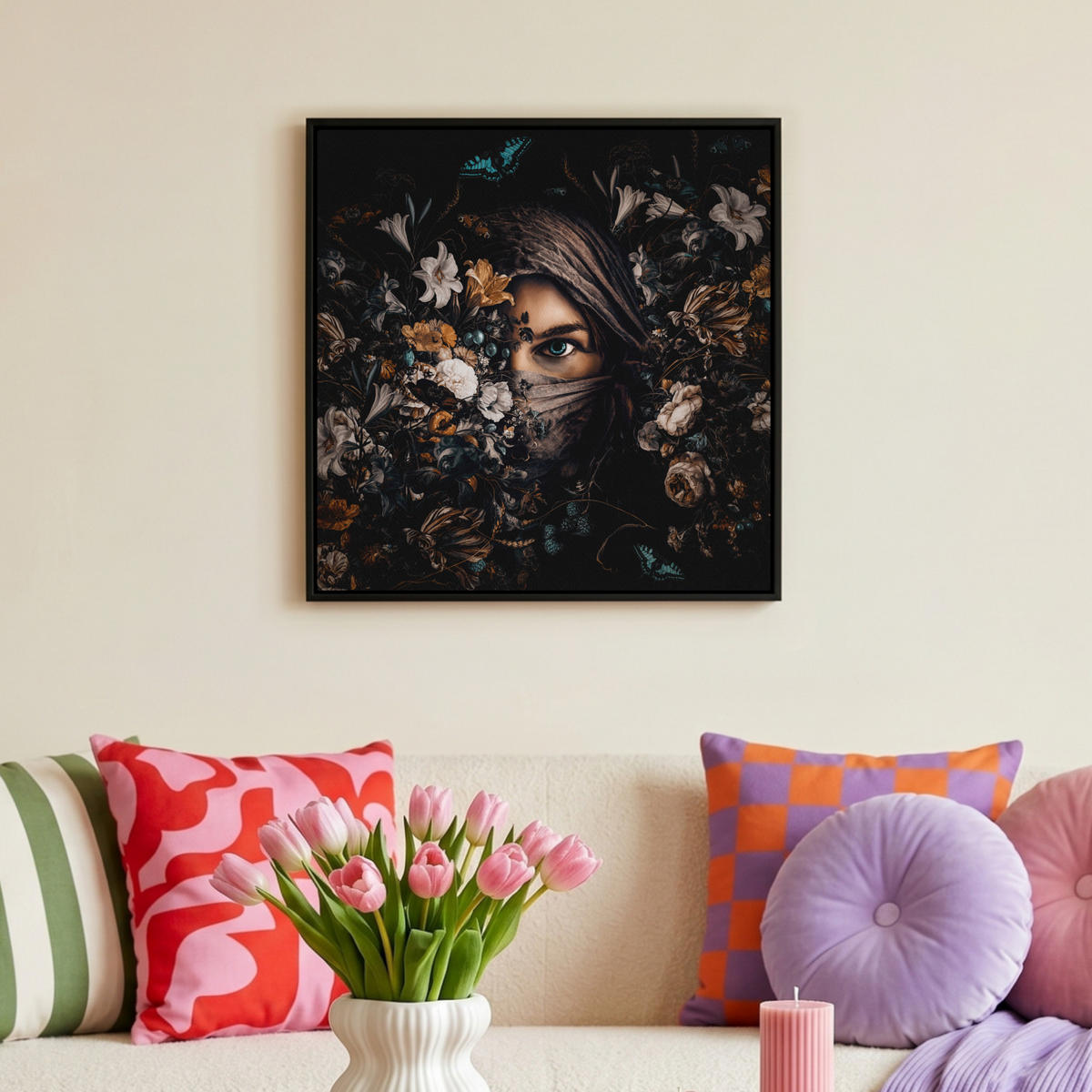 LEINWAND Bilder mit Rahmen - Frau - Luxus - Blumen - Schmetterling - Porträt - 50x50 - Schwarz, Textil (50/50cm) - MuchoWow
