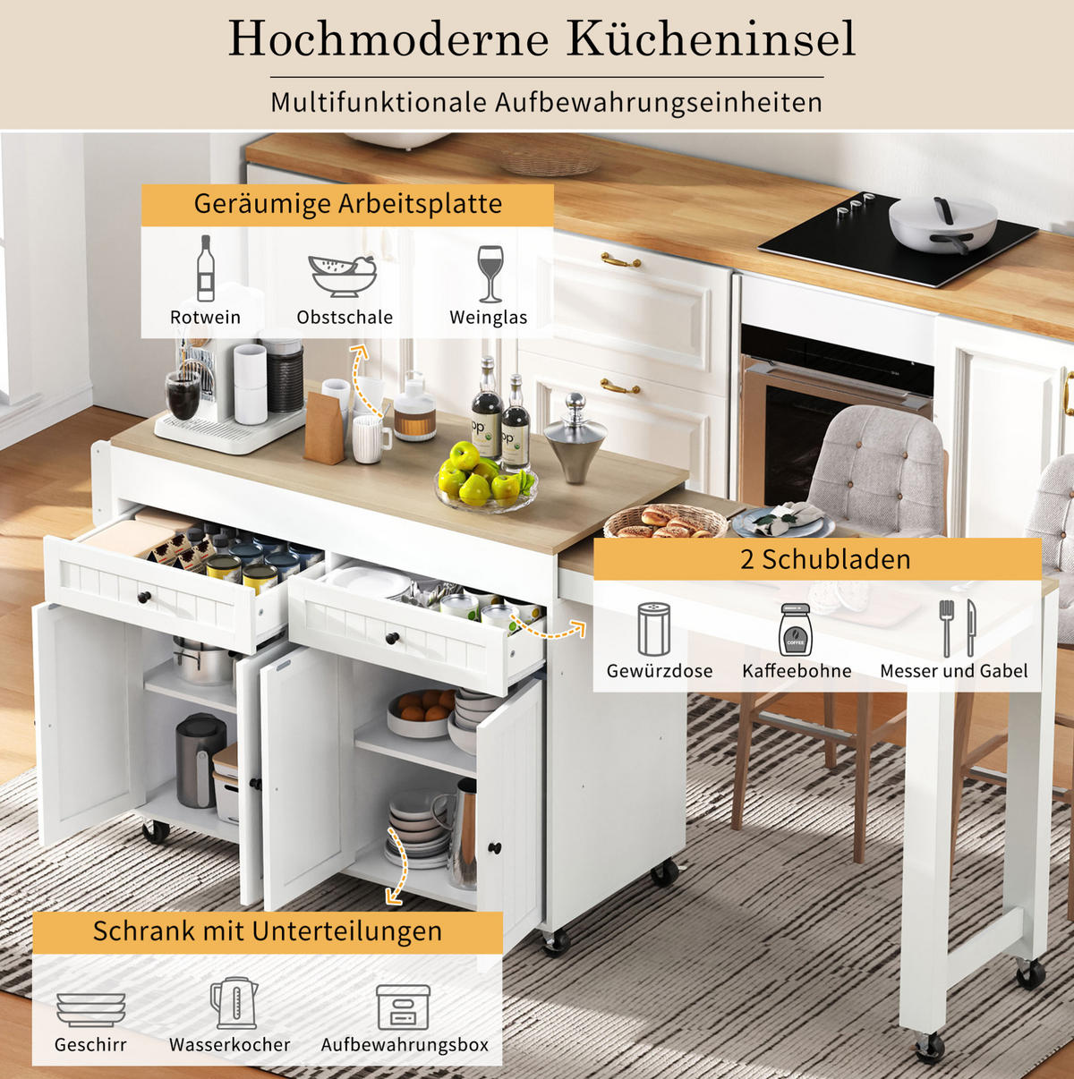 KÜCHENINSEL mit ausziehbarer Arbeitsplatte 112-180,5 cm White/Natural - Weiß, Holz (45/92.2/180.5cm) - Beauniv