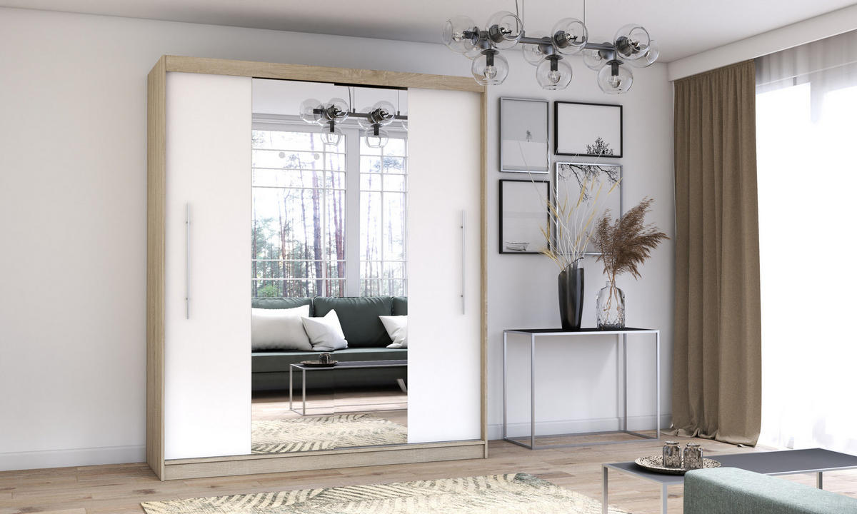 SCHIEBETÜRENSCHRANK - NICO 01 Sonoma + Weiß - Weiß/Sonoma Eiche, Holzwerkstoff/Metall (204/218/58cm) - Möblo