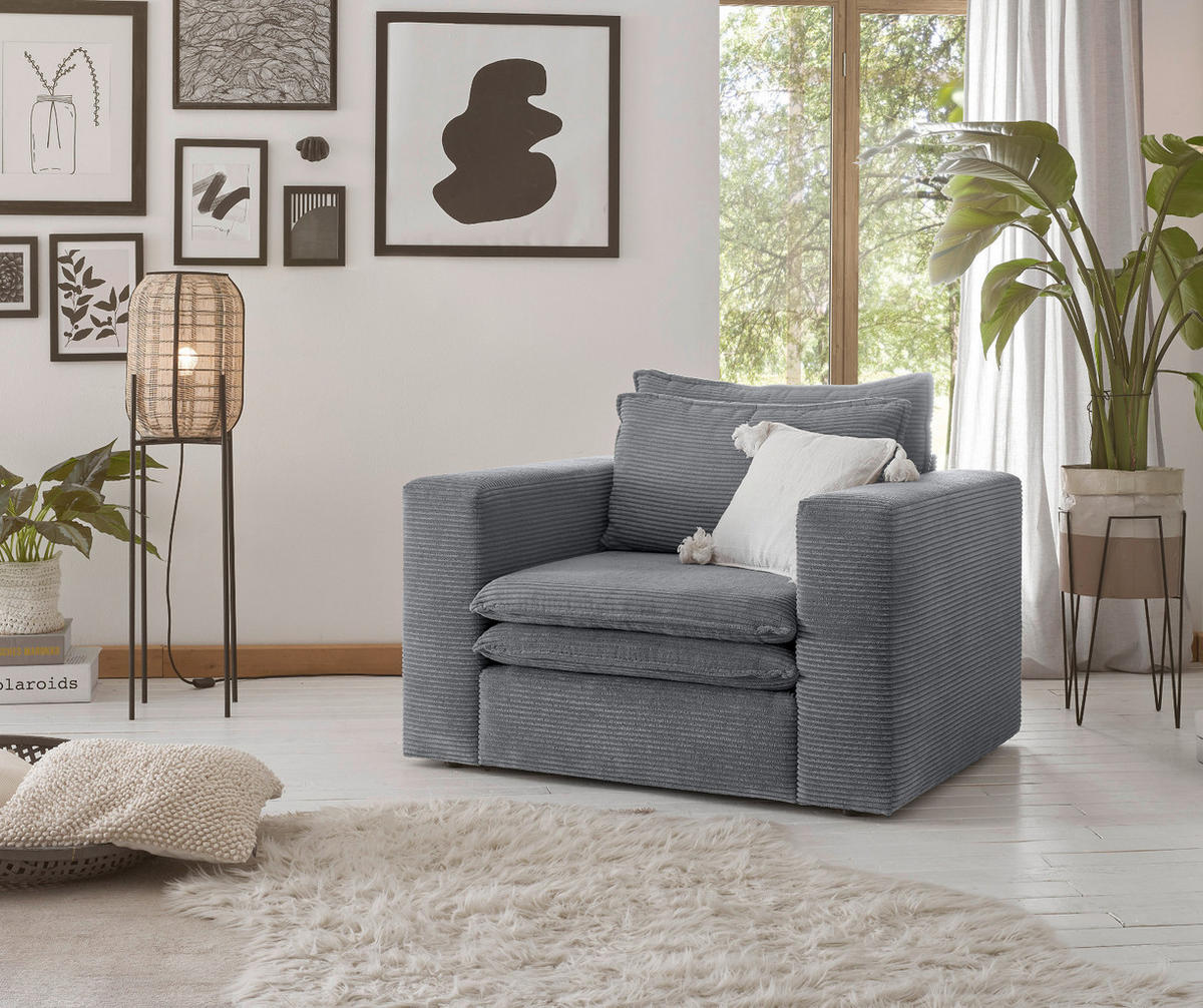 SESSEL grau Cord, Loungesessel 110 cm - Beige/Grau, Holz/Kunststoff (110/83/91cm) - Furn.Design