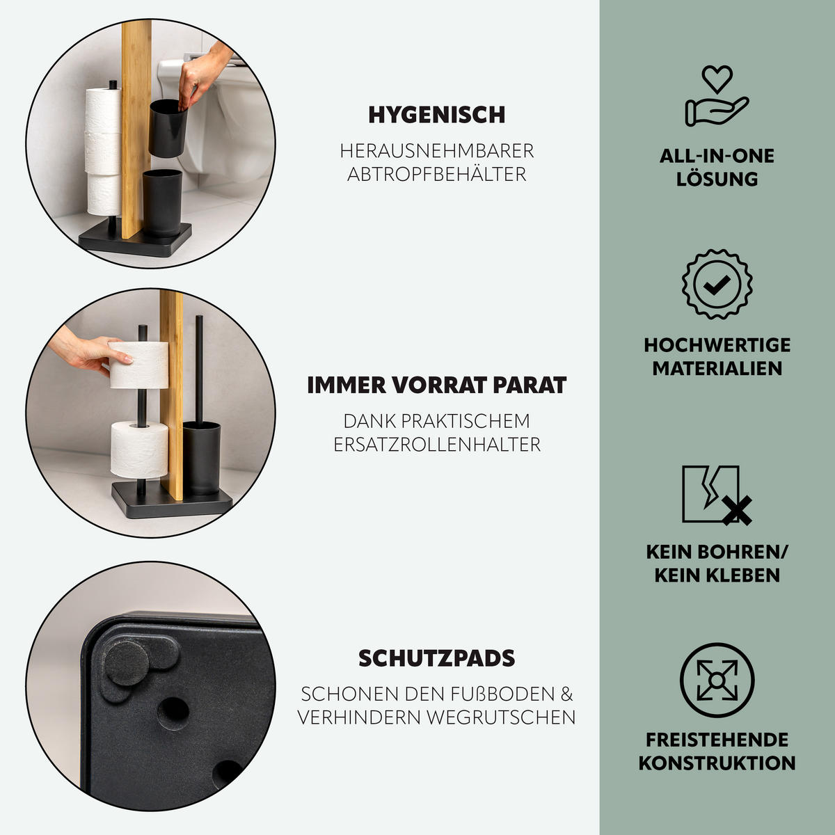 WC-BÜRSTENKOMBINATION 4in1, Bambus/Metall, schwarz - Schwarz, Holz (23/68/18cm) - eluno