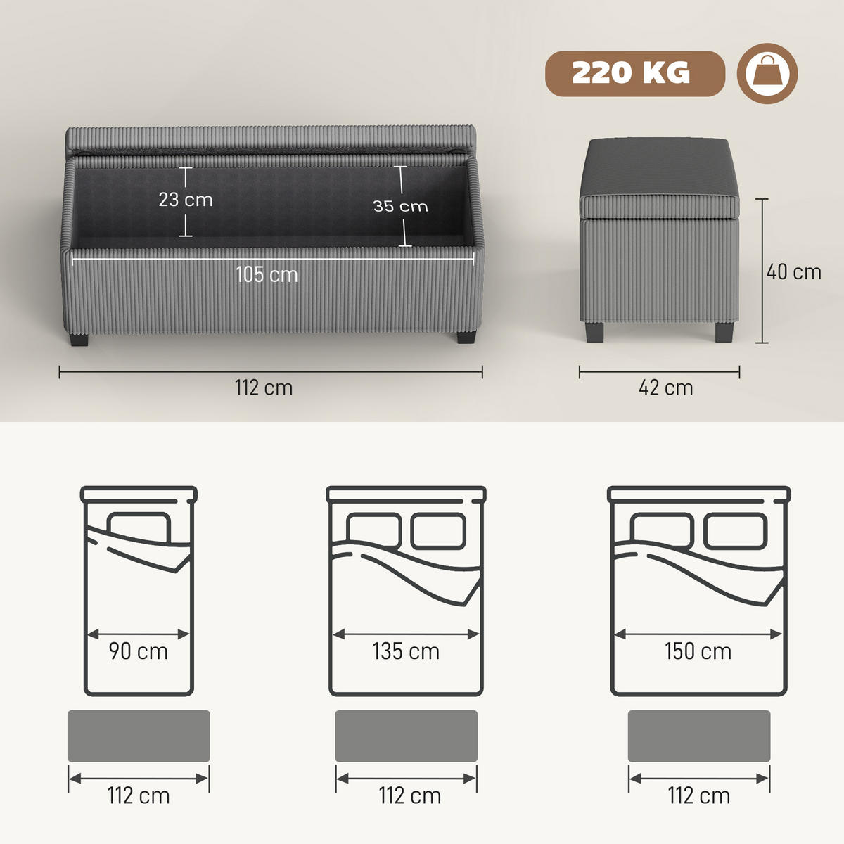 TRUHENBANK DE-16451 mit Stauraum und Cordbezug Grau - Grau, Textil (112/40/42cm) - ComfortXL