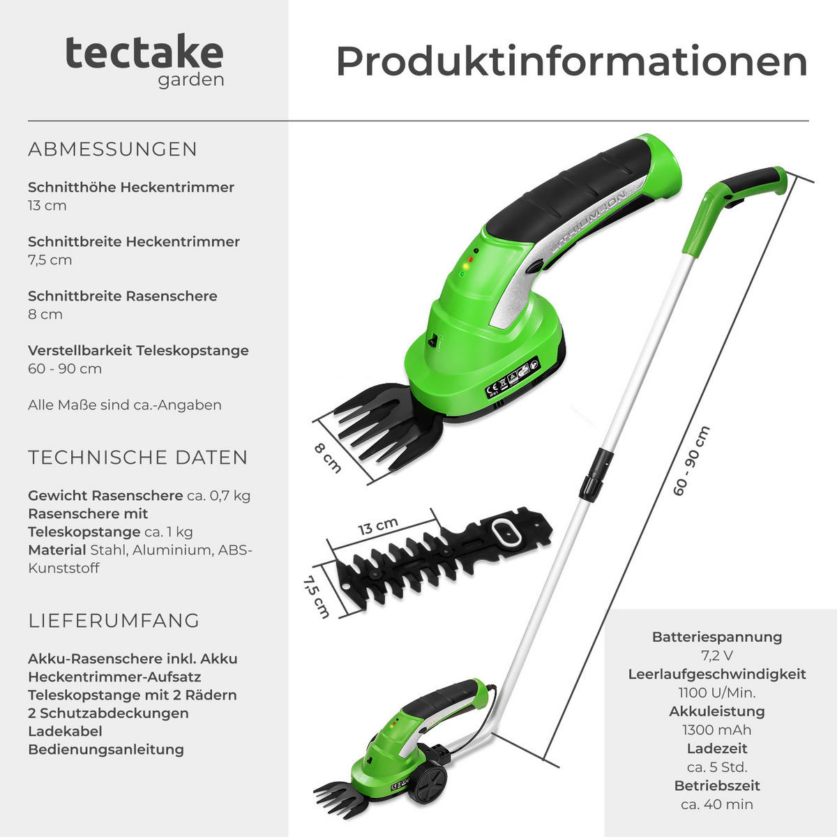 HECKENSCHERE mit Akku, inklusive Teleskopstange,grün - Grün, Metall (8/11/36cm) - tectake
