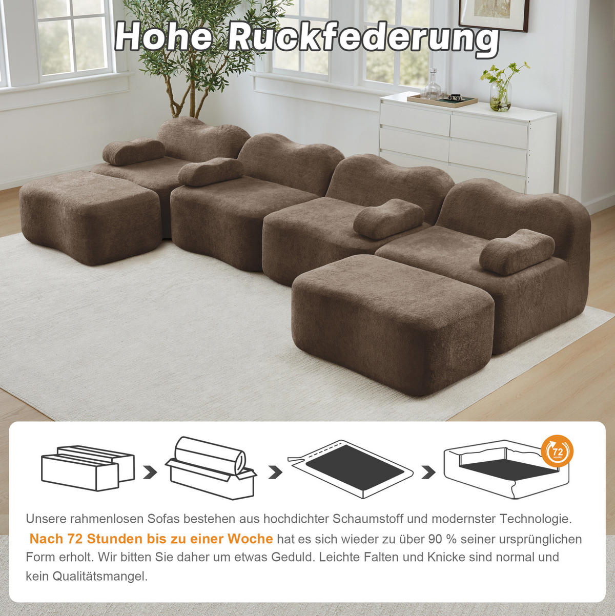 WOHNLANDSCHAFT 384/167/70 cm in Braun aus Samt, modular und ohne Montage - Braun, Textil (167/70/384cm) - Flora Grace