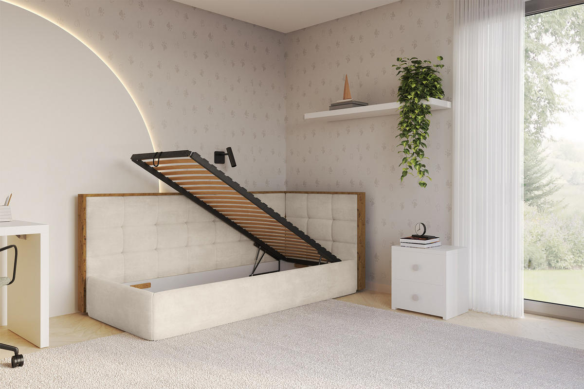 EINZELLBETT Jugendbett mit Bettkasten und Matratze H3/H4, Links - SOVY 90x200 Beige - Beige, Holzwerkstoff/Textil (90/200cm) - ALTDECOR