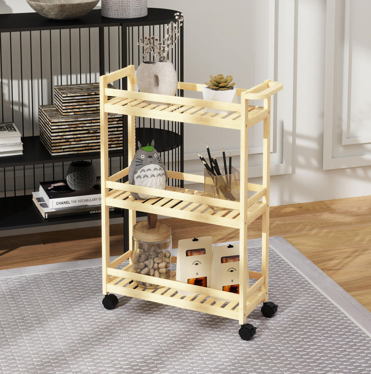 SERVIERWAGEN 55/20/75 cm aus Bambus mit 3 Ablagen und Rollen - Hellbraun, Naturmaterialien (55/75/20cm) - Flora Grace