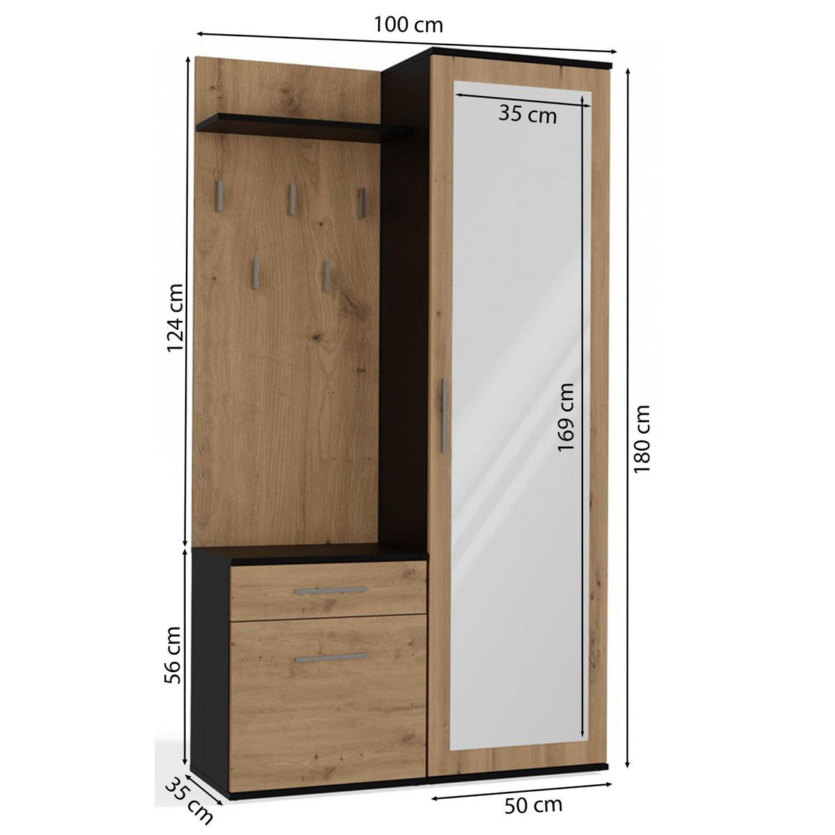 FLURMÖBEL-SET Duvio Eiche Artisan / Anthrazit - Eichefarben/Anthrazit, Holzwerkstoff/Kunststoff (100/35/180cm) - Selsey