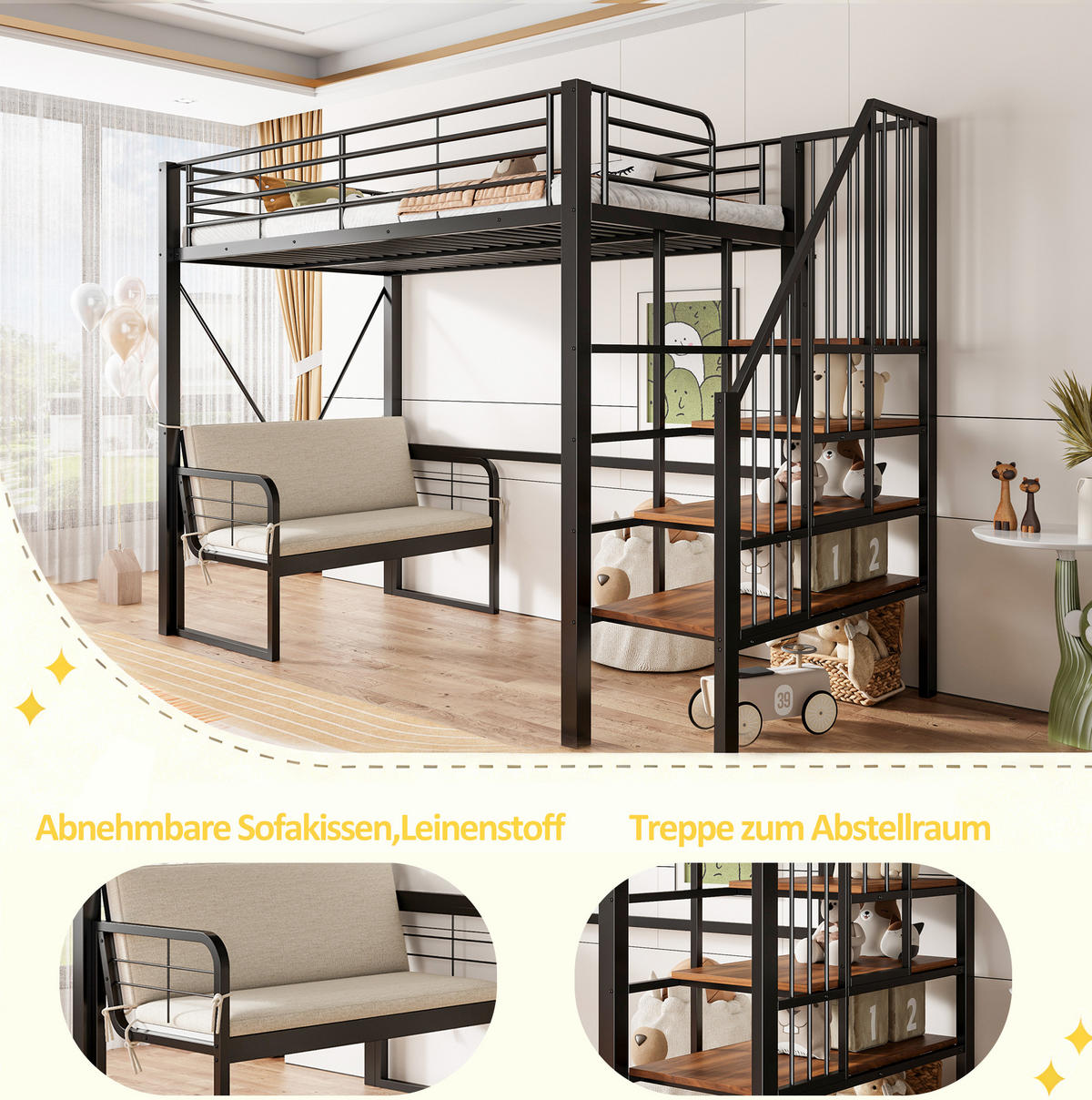 HOCHBETT 90/200 cm aus Metall und MDF mit Stauraumtreppe und abnehmbarem Polstersofa Schwarz - Schwarz, Metall (90/200cm) - Modenvie