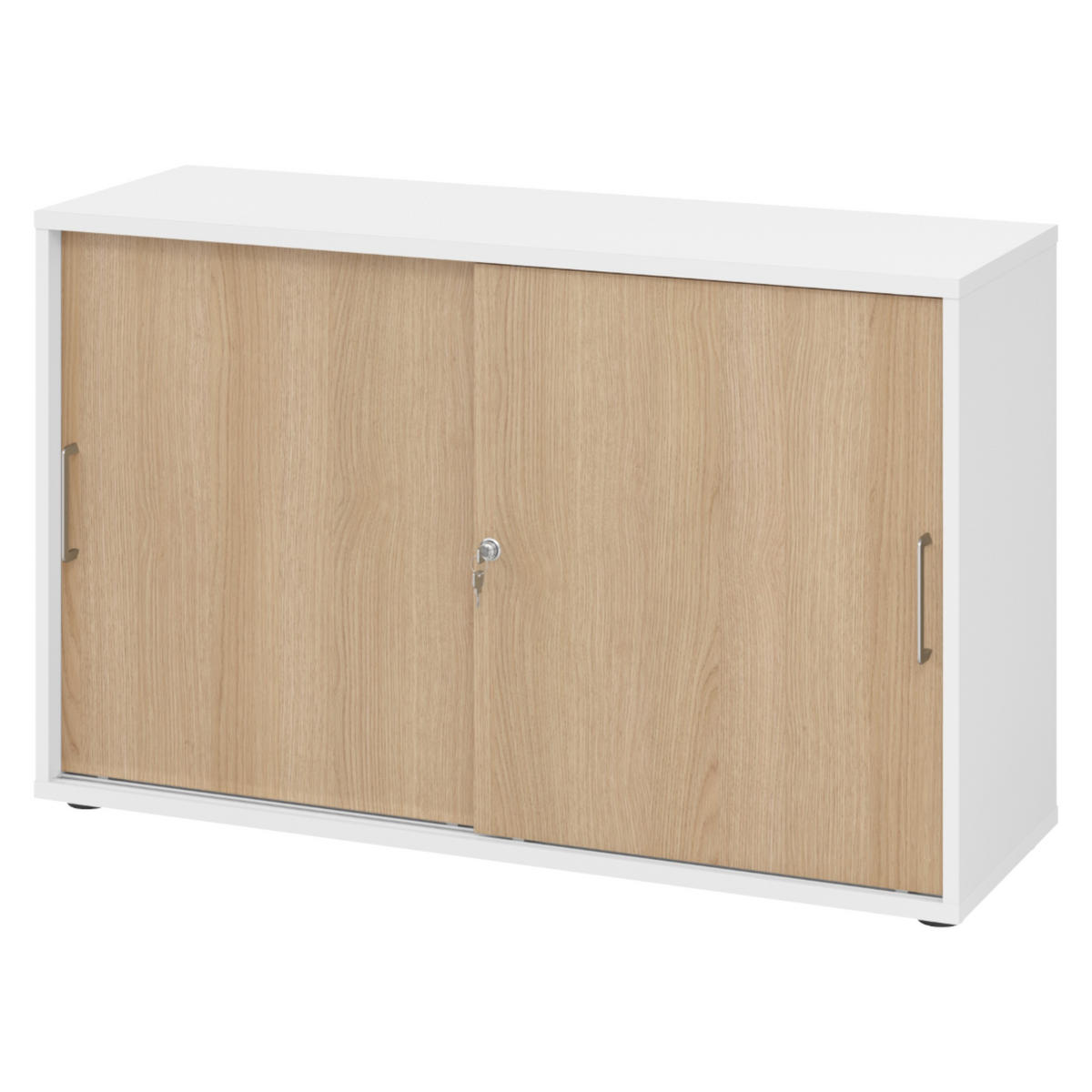 SCHIEBETÜRENSCHRANK - 2 Ordnerhöhen 40/120/74,8 cm in Weiß/Eichefarben Bügelgriff (Metall) - Eichefarben/Weiß, Holzwerkstoff (120/74.8/40cm) - bümö
