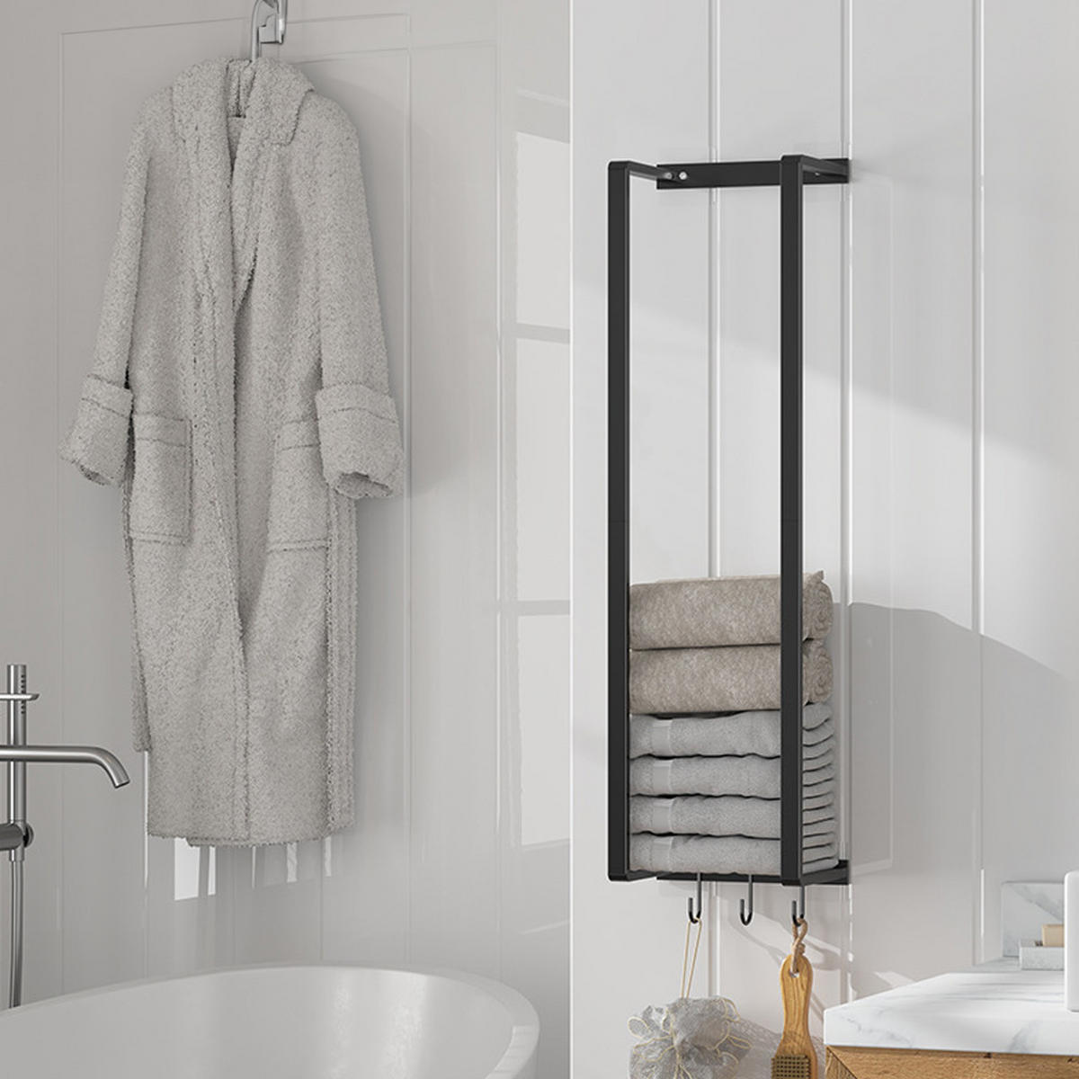 HANDTUCHREGAL aus Kohlenstoffstahl in Schwarz Wandmontage Haken Platzsparendes Design 21 x 14,5 x 71 cm - Schwarz, Metall (21/71/14.5cm) - Livingandhome