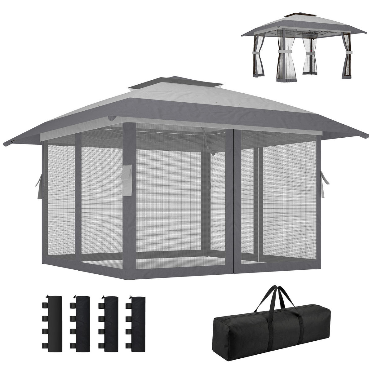 PAVILLON, faltbar, 4 Moskitonetzen an den Seiten, verstellbarer Höhe, 4x4 m, Grau - Grau, Metall (400/287/400cm) - Vallsero