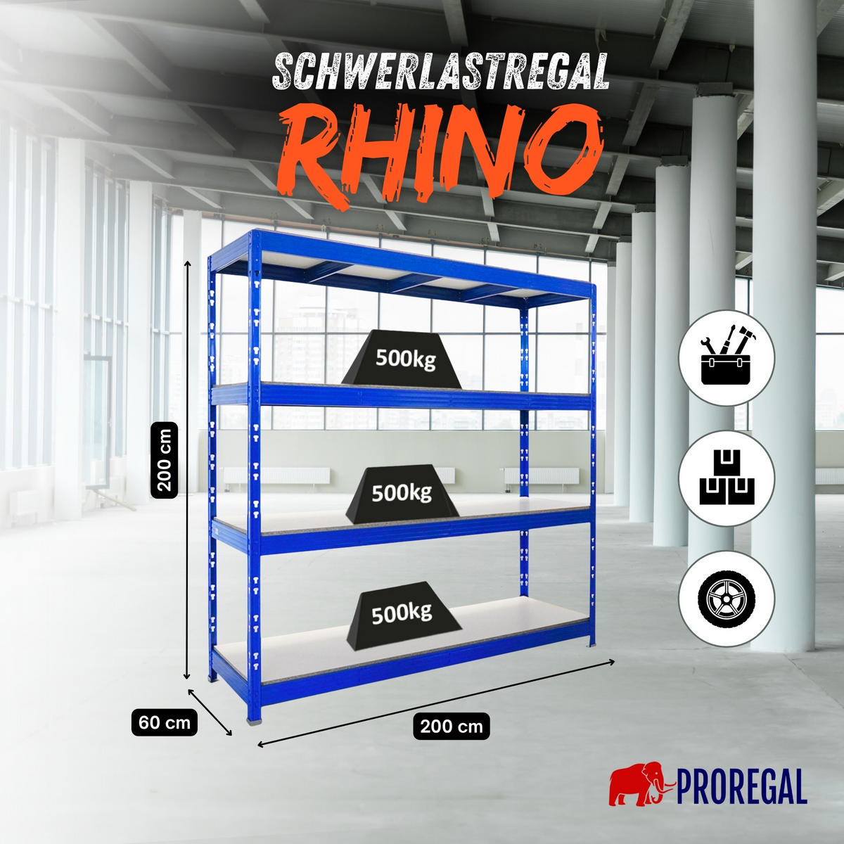 SCHWERLASTREGAL Rhino 200x200x60 cm 4 Melamin-Ebenen 16mm Fachlast 500 kg Blau - Blau, Metall (200/200/60cm) - PROREGAL