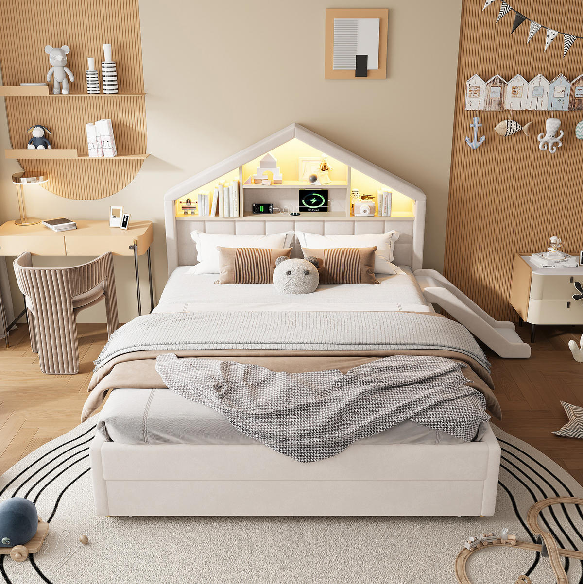 GEPOLSTERTES Hausbett 140x200 cm in Beige mit Rutsche, LED-Beleuchtung und Bettkasten - Beige, Textil (140/200cm) - IVMEU