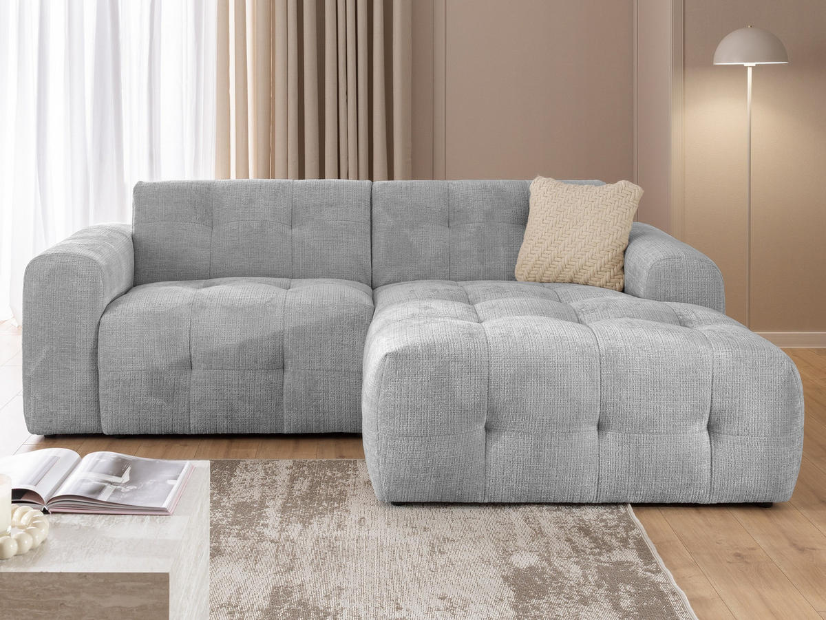 ECKSOFA Kozy im Bumpy-Design mit fester Rückenlehne aus weichem Hellgrau Chenille-Stoff - Ottomane rechts - Hellgrau/Schwarz, Holz/Kunststoff (234/161cm) - S-Style Möbel