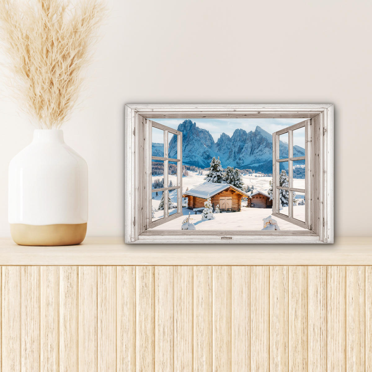 LEINWANDBILD Winterlandschaft - Hütte - Berge - Ausblicke - Aussicht - Natur 30x20 cm - Weiß Hochglanz, Textil (30/20cm) - MuchoWow