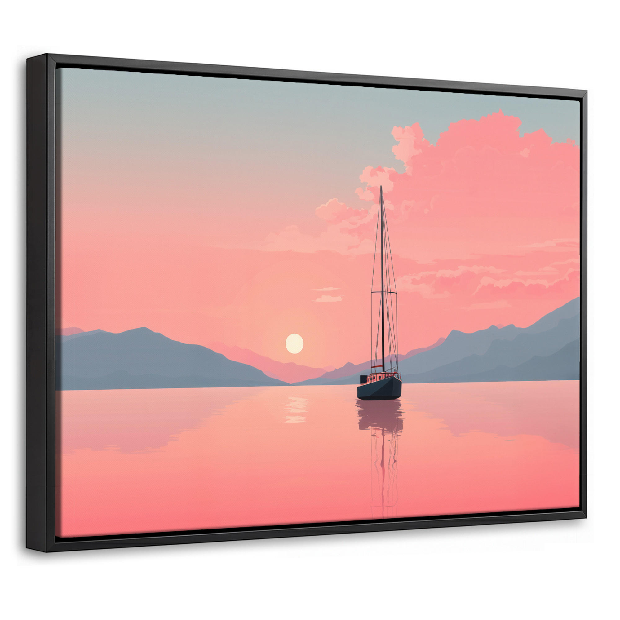 LEINWAND Bilder mit Rahmen - Segelboot - Rosa Meer - Sonnenuntergang - Berge - 40x30 - Rosa, Textil (40/30cm) - MuchoWow