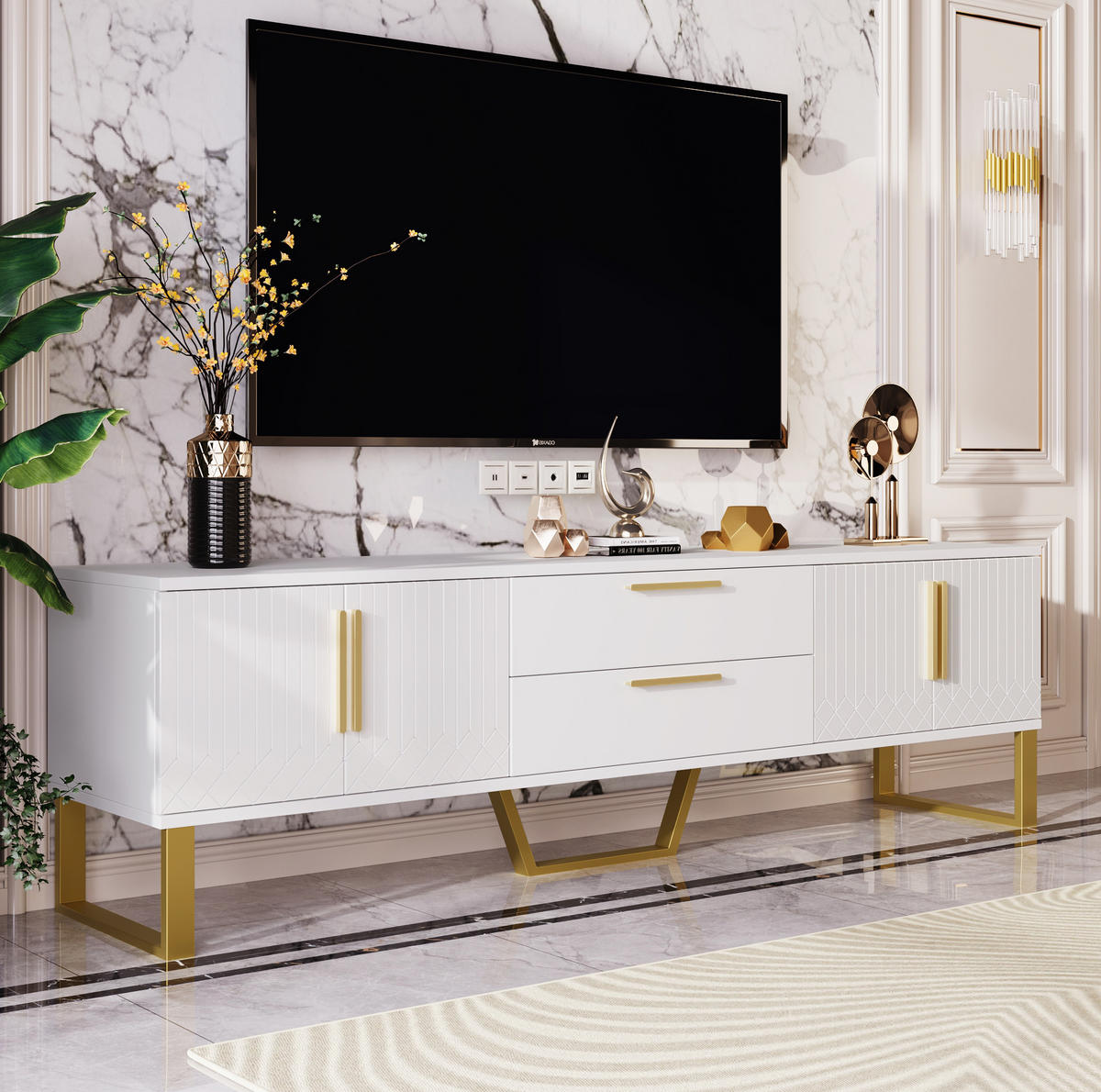 TV-SCHRANK in Hochglanz Weiß mit goldfarbenen Füßen und Griffen 170/40/53.5 cm - Weiß, Holzwerkstoff (170/53/40cm) - Redom