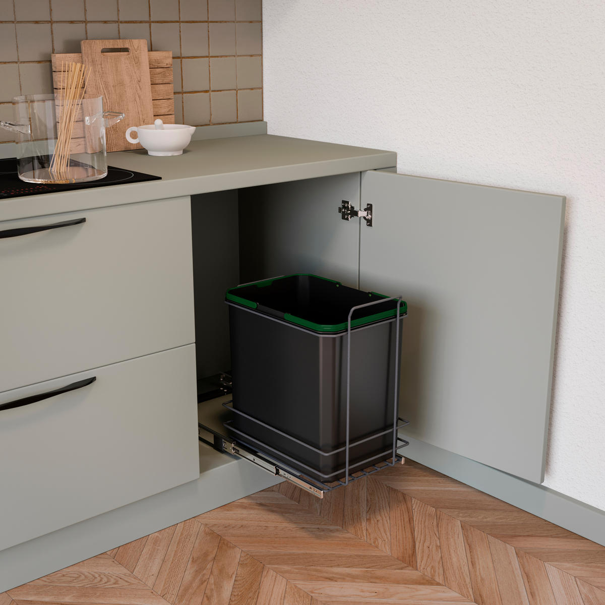 RECYCLINGBEHÄLTER für die Bodenmontage und manuellen Auszug in Küchenzeilen, 1x35 Liter, Kunststoff, anthrazitgrau - Anthrazit, Metall (50/36/52cm) - EMUCA