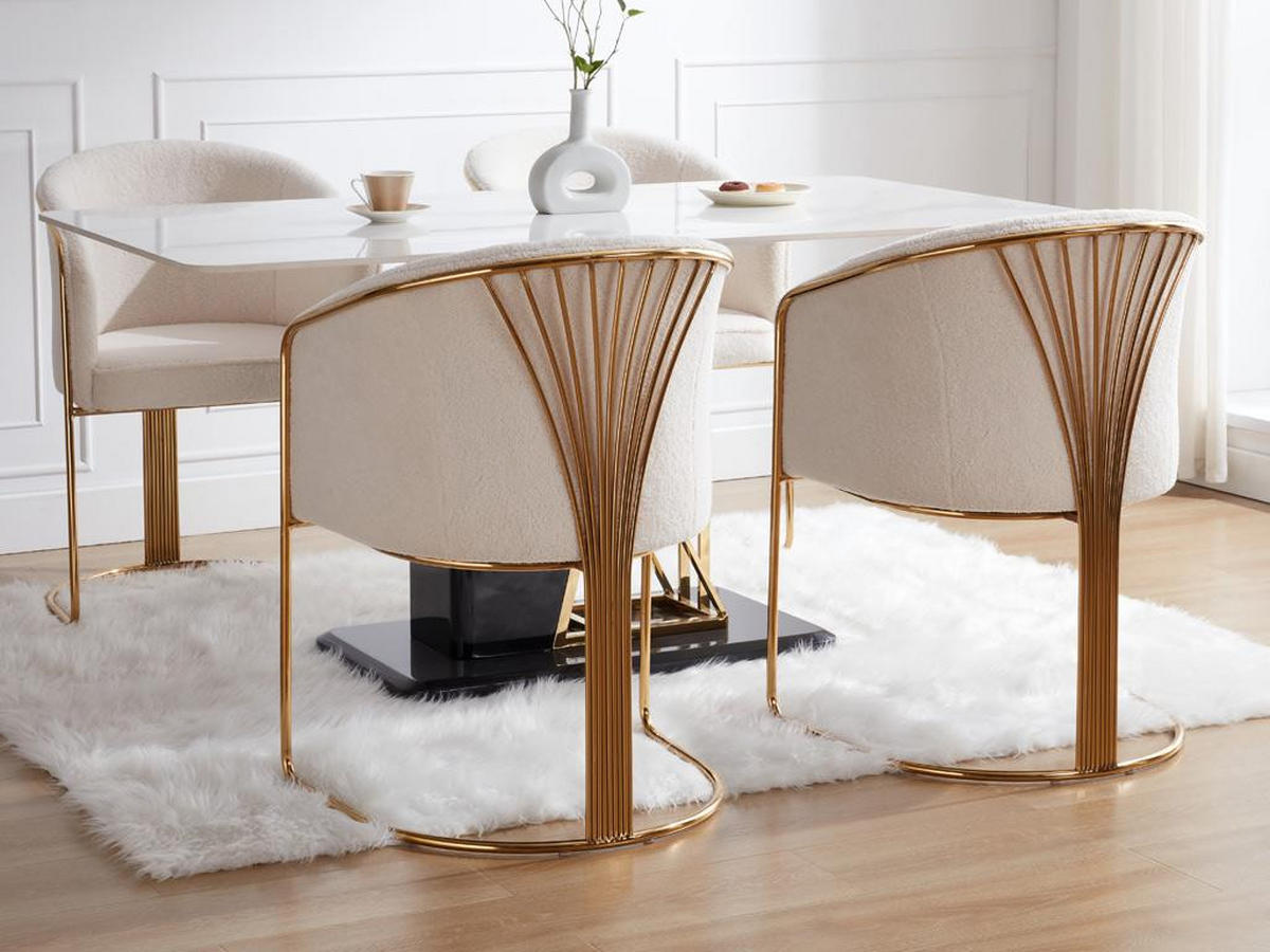 STUHL mit Armlehnen 6er-Set - Bouclé-Stoff & Metall - Weiß & Goldfarben - JOSETHE - Weiß, Textil (52.5/82.5/59.5cm) - Pascal Morabito