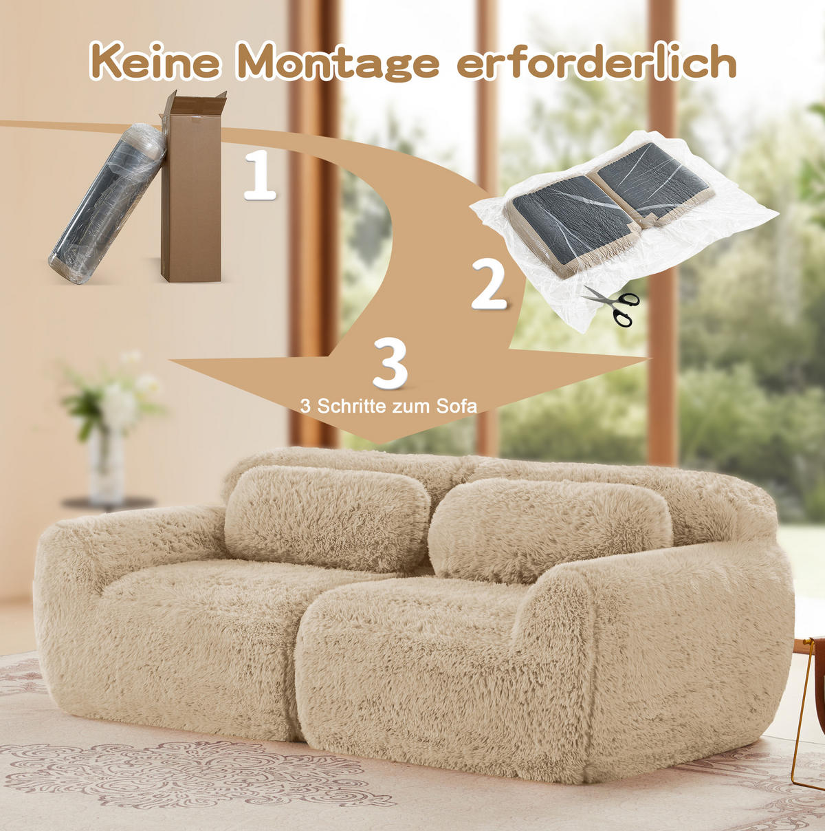 SOFA in Hellkhaki aus Plüsch mit rutschfester Basis und Kissen - Sandfarben, Textil (104/73/204cm) - Flora Grace