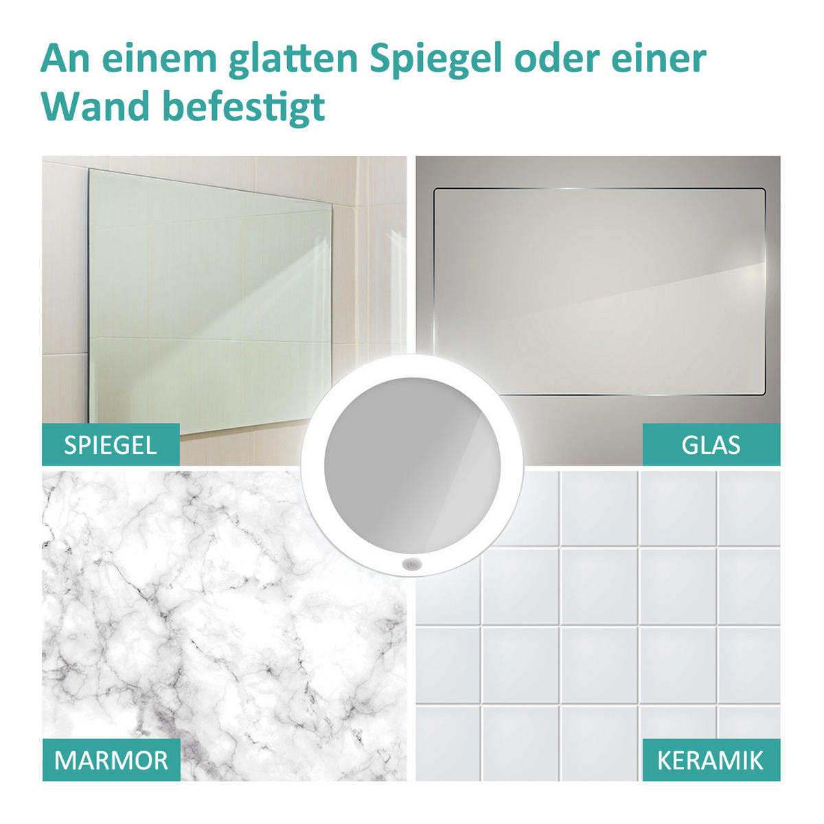 KOSMETIKSPIEGEL mit Licht mit Saugnapf, 5-fache Vergrößerung, Weiß, ф16,5 cm - Weiß, Glas (16.5/16.5/16.5cm) - EMKE